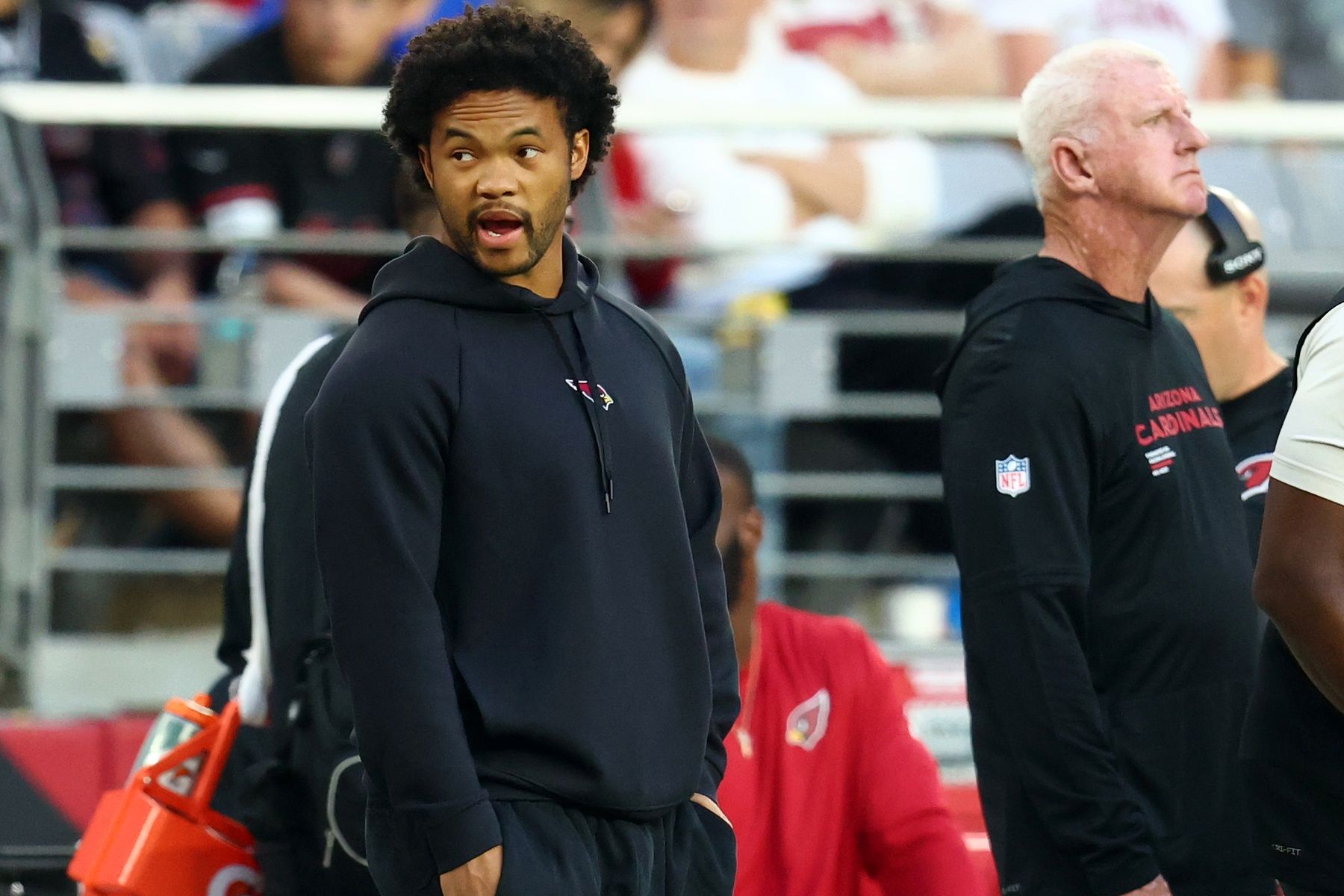 Arizona Cardinals quarterback Kyler Murray (1) on the side line against the Los Angeles Rams during the second half at State Farm Stadium.