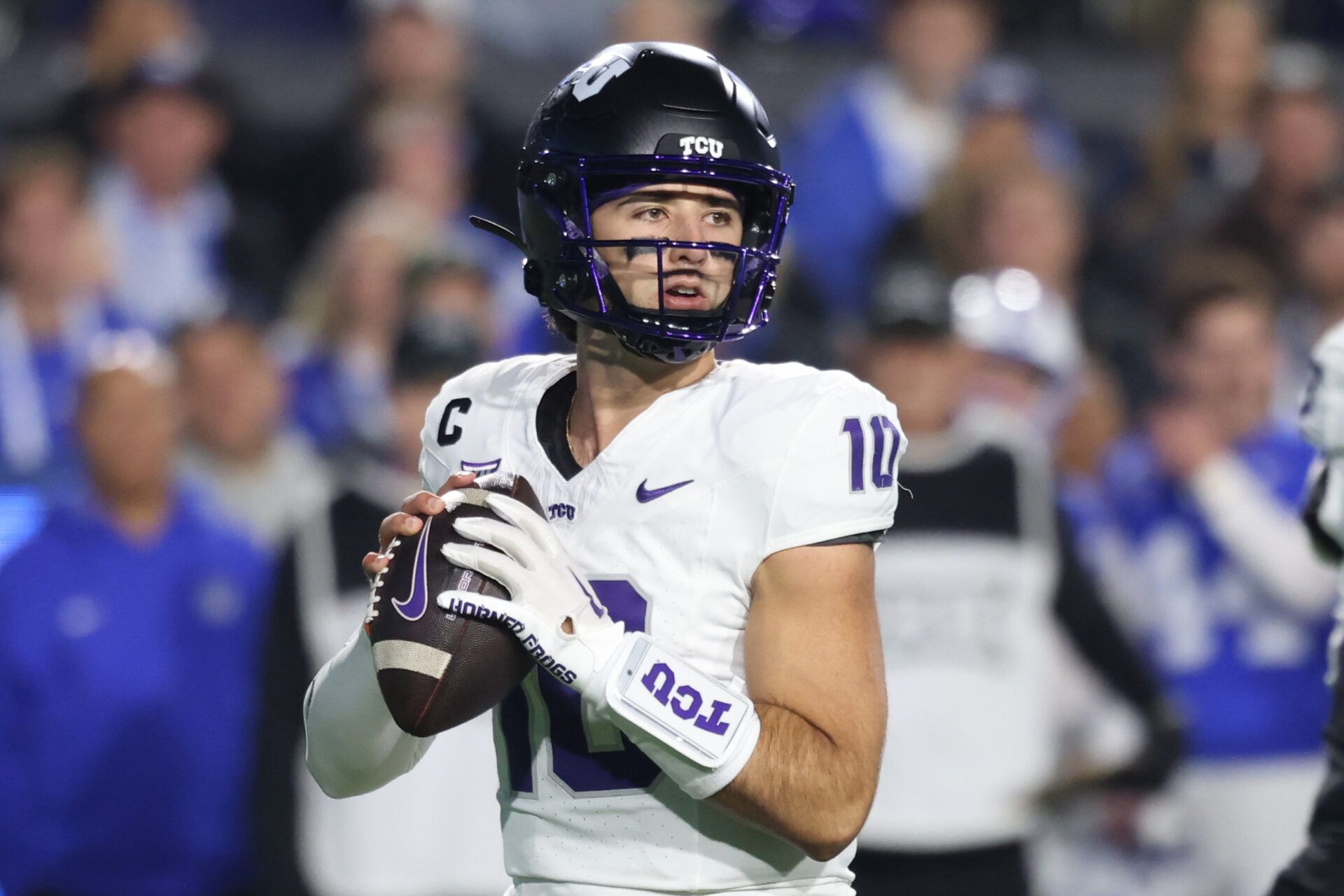 Texas Christian University Horned Frogs quarterback Josh Hoover (10) looks to pass against the BYU Cougars during the first quarter at LaVell Edwards Stadium.