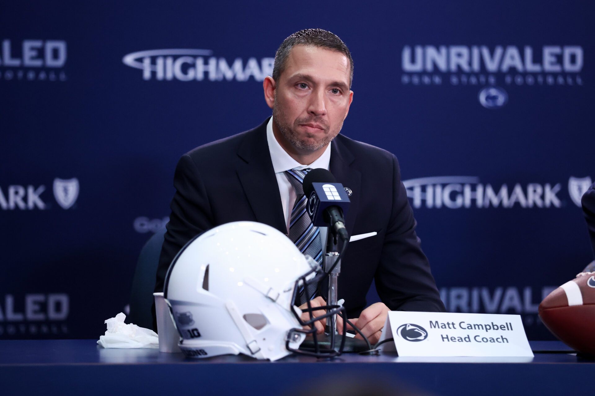 Matt Campbell answers questions from the media after being announced as the Penn State Nittany Lions new head coach during a press conference at the Beaver Stadium Press Room.