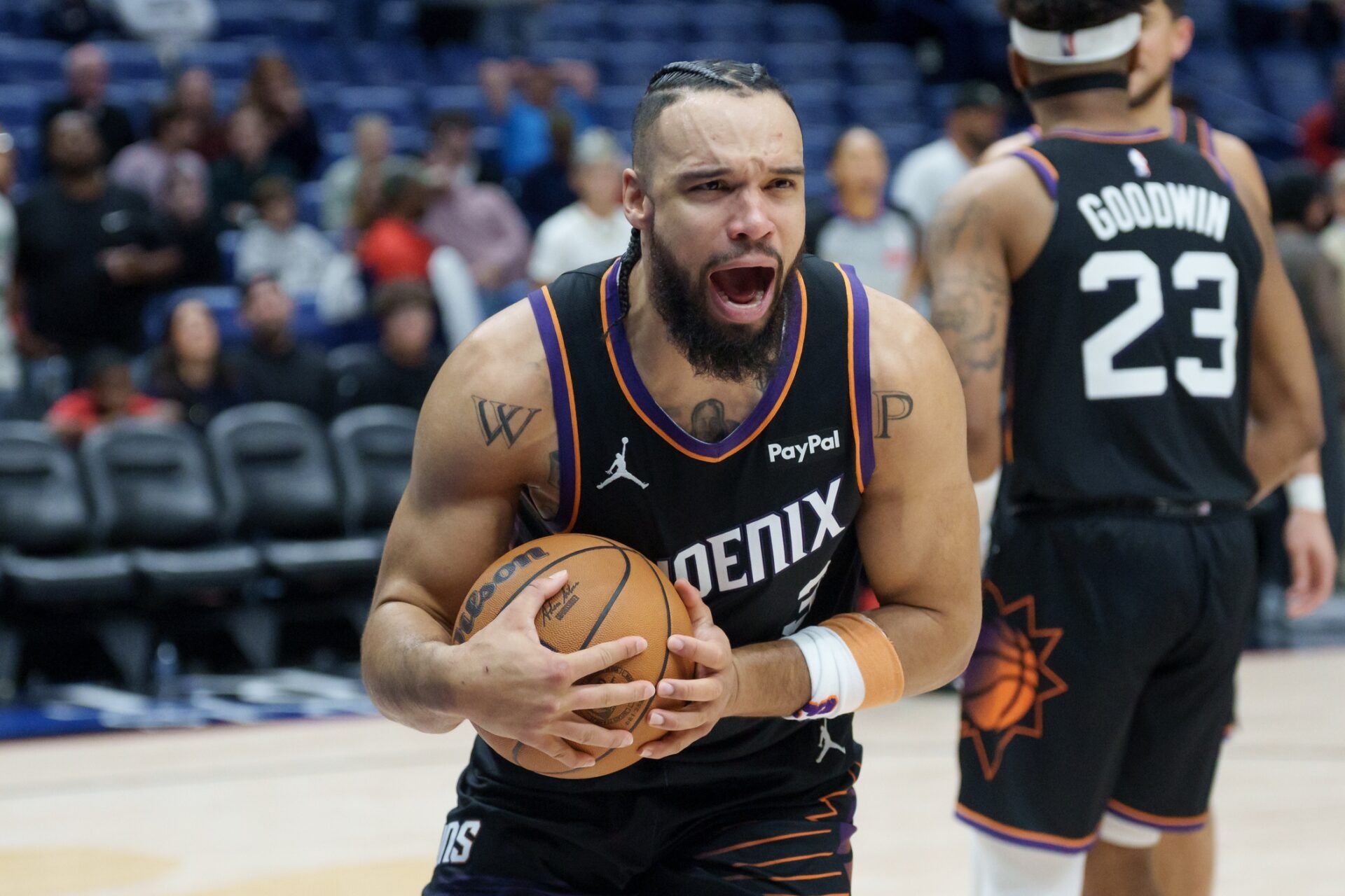 Phoenix Suns forward Dillon Brooks (3) reacts during the fourth quarter against the New Orleans Pelicans at Smoothie King Center.