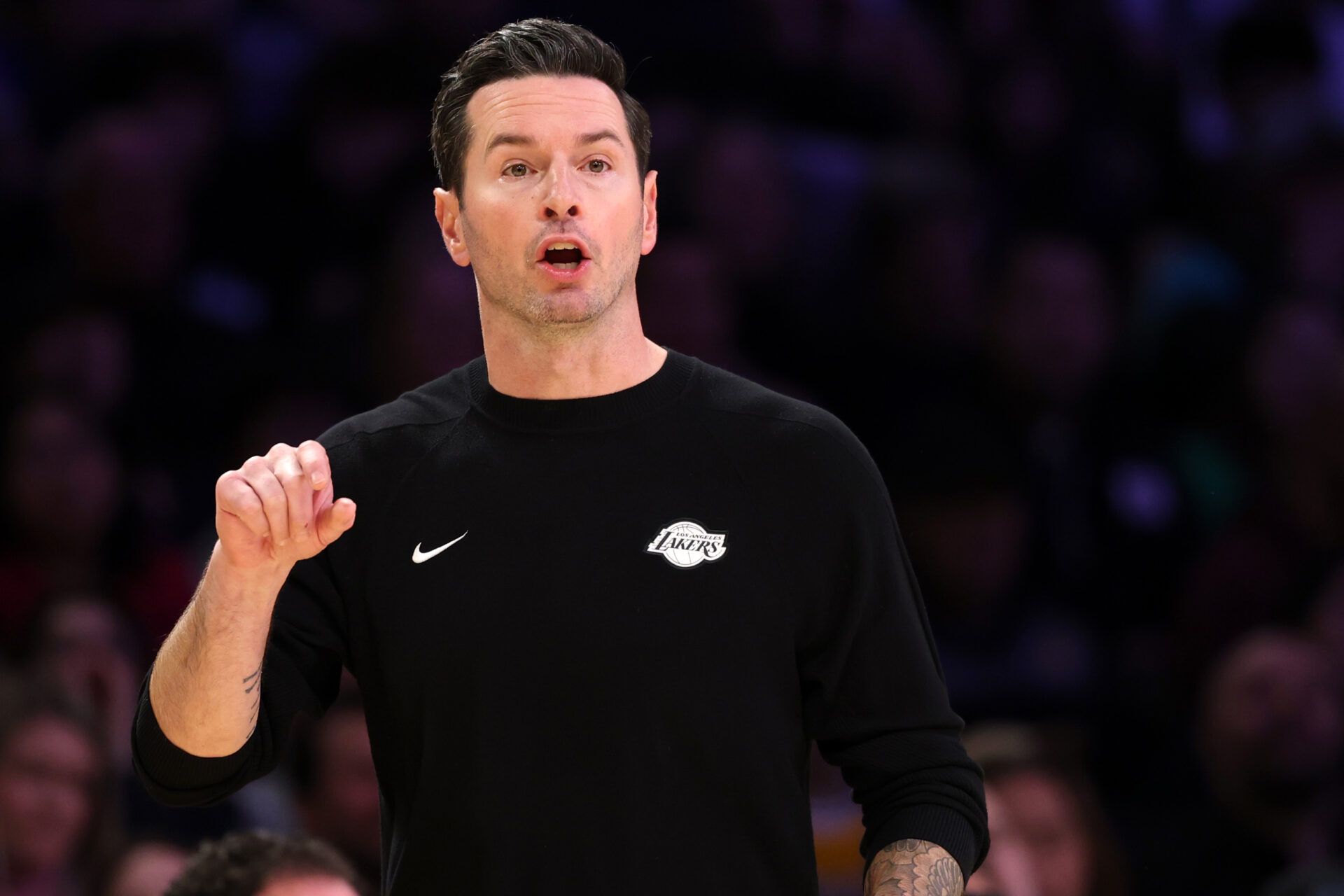 Los Angeles Lakers Head Coach JJ Redick reacts to a play during the fourth quarter against the Memphis Grizzlies at Crypto.com Arena.