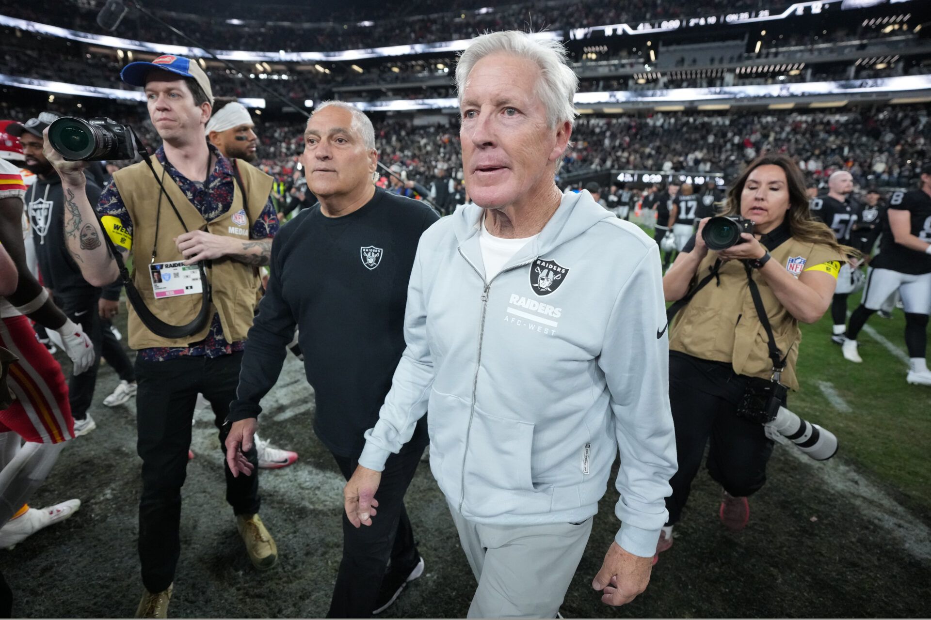 Las Vegas Raiders head coach Pete Carroll leaves the field after the game against the Kansas City Chiefs at Allegiant Stadium.