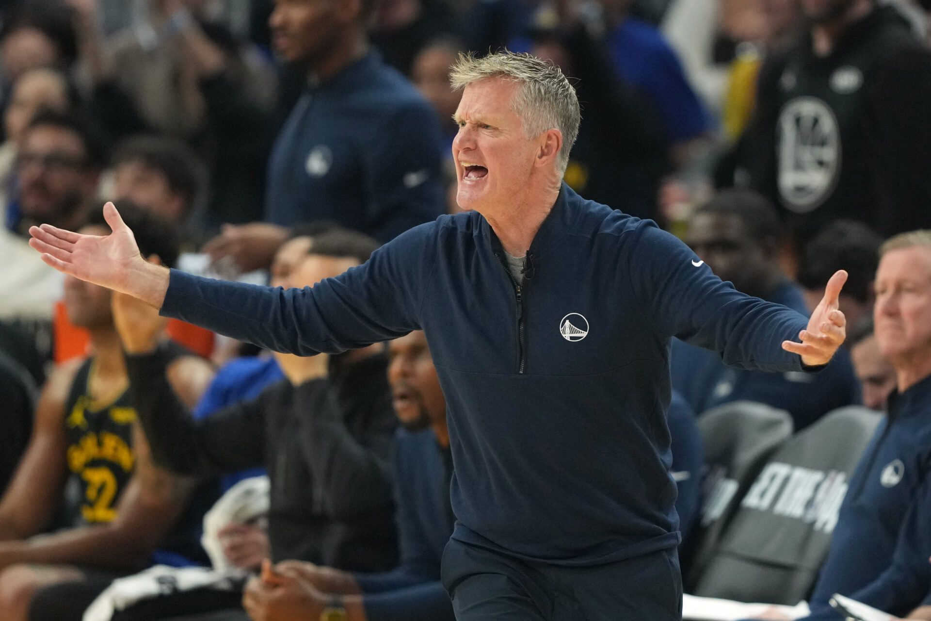 Golden State Warriors head coach Steve Kerr reacts to a foul call during the first quarter against the Oklahoma City Thunder at Chase Center.