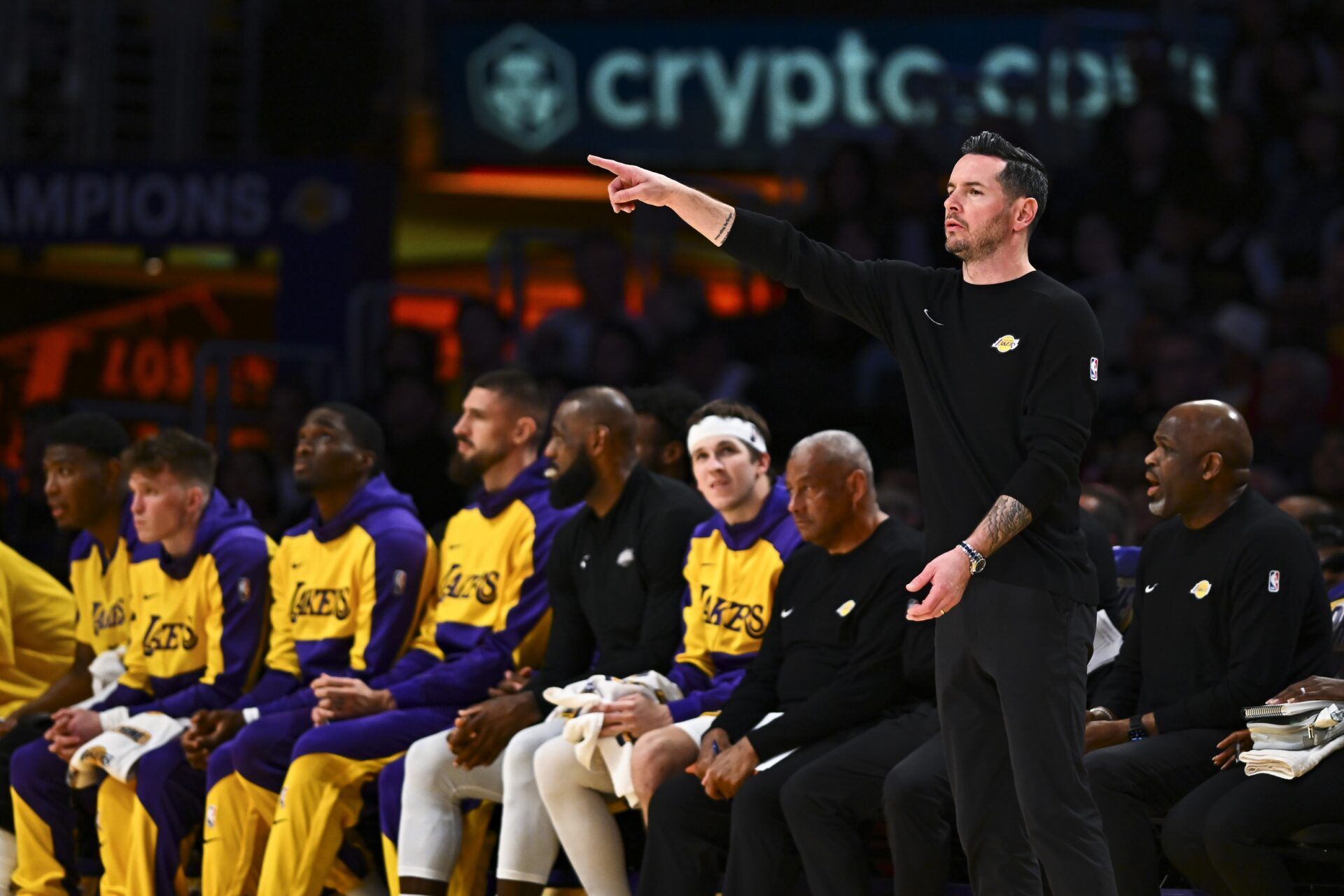 Los Angeles Lakers head coach JJ Redick reacts against the Houston Rockets during the second half at Crypto.com Arena.