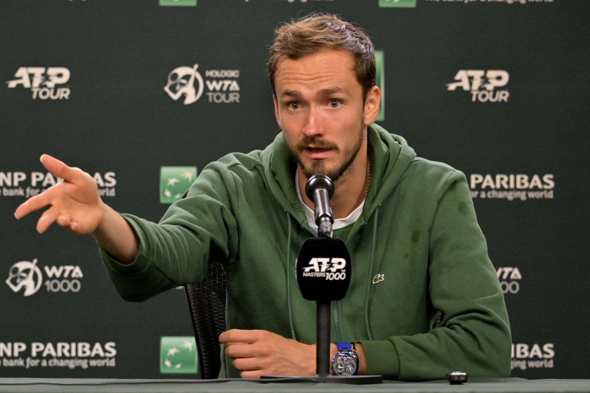 Daniil Medvedev (RUS) answers questions from the media during a press conference during the BNP Paribas Open at the Indian Wells Tennis Garden.