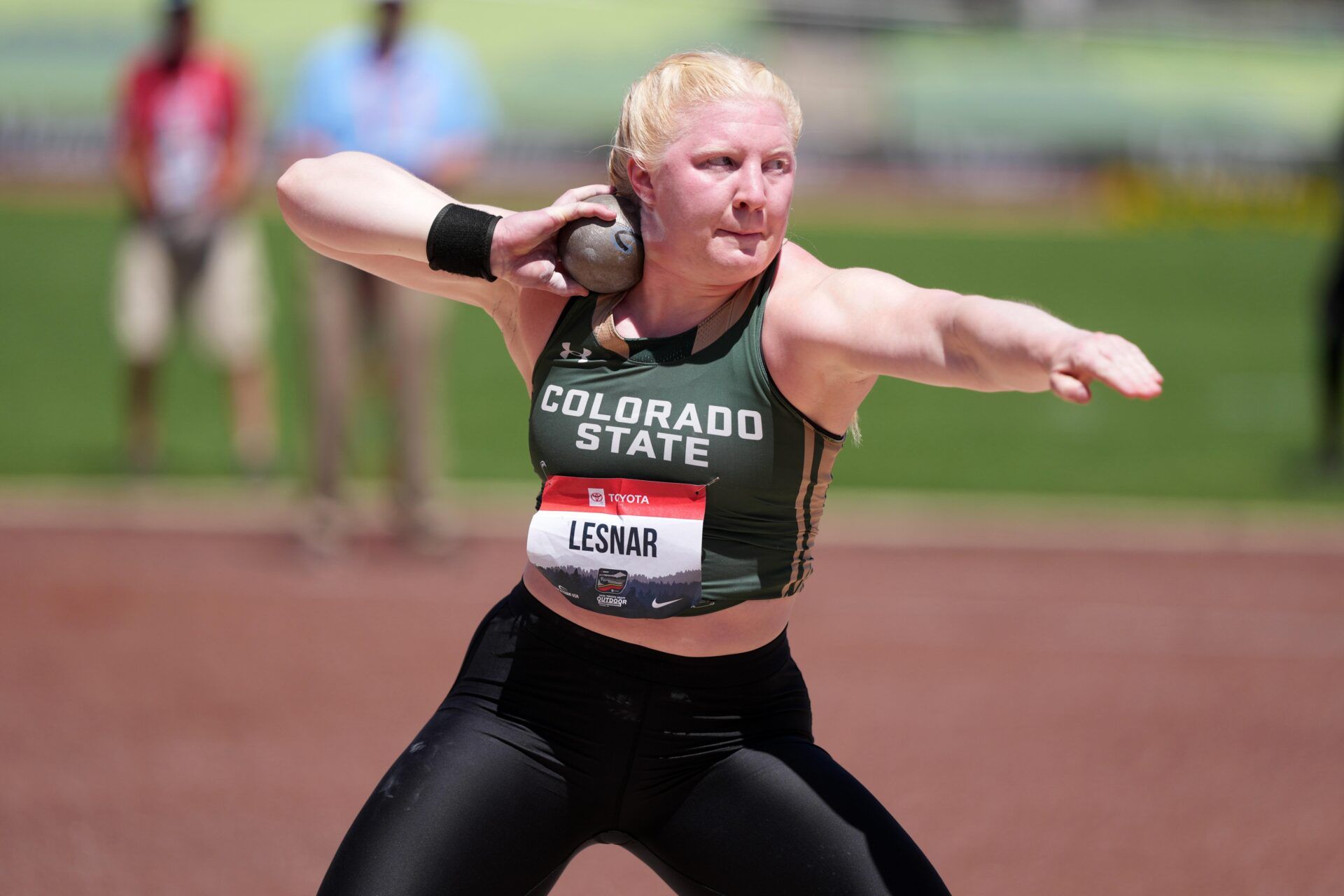 Mya Lesnar of Colorado State places eighth in the women's shot put at 60-8 3/4 (18.51m) during the USATF Championships at Hayward Field.
