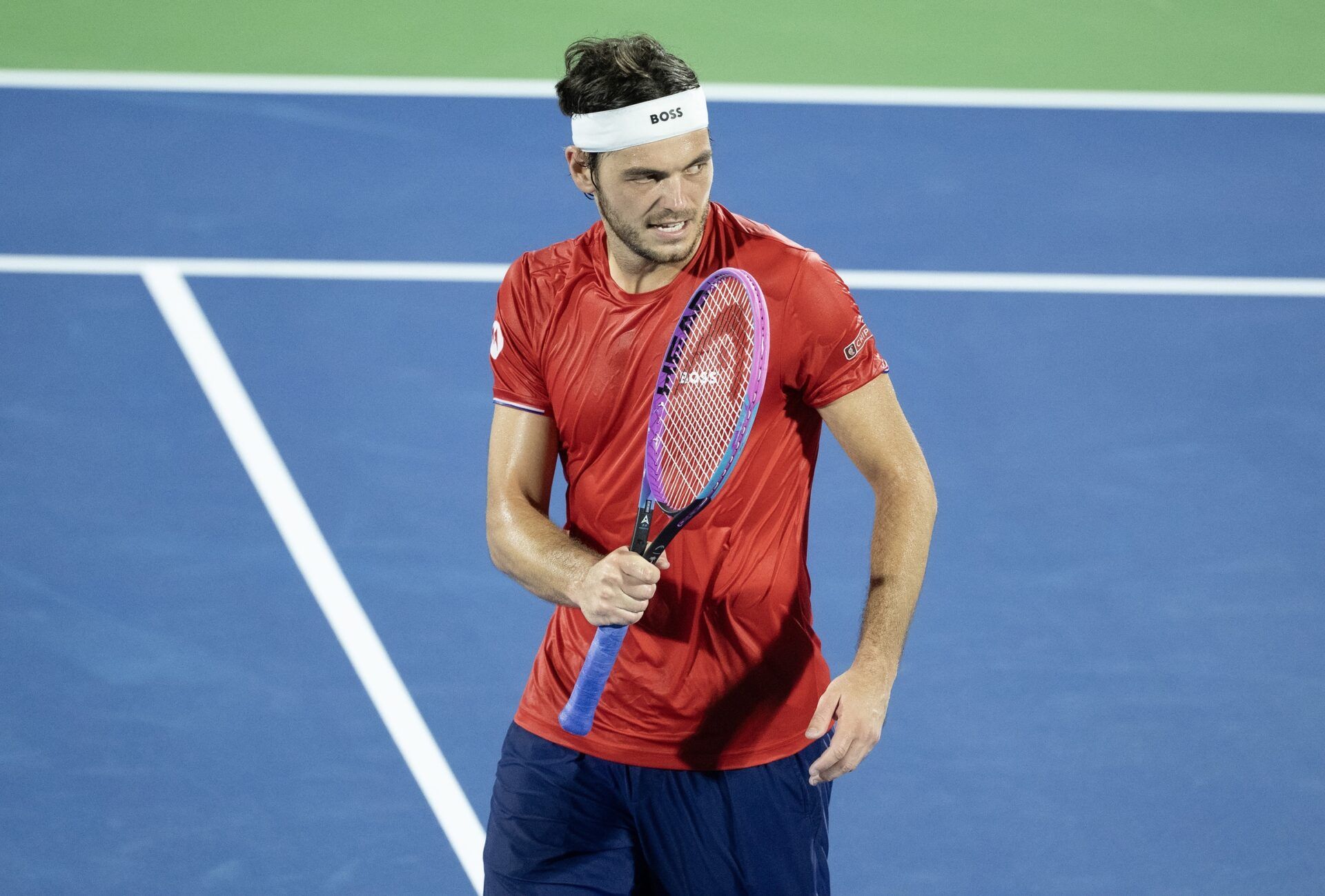 Taylor Fritz of the United States reacts against Jiri Lehecka of Czechia in their Davis Cup match at Delray Beach Tennis Center.