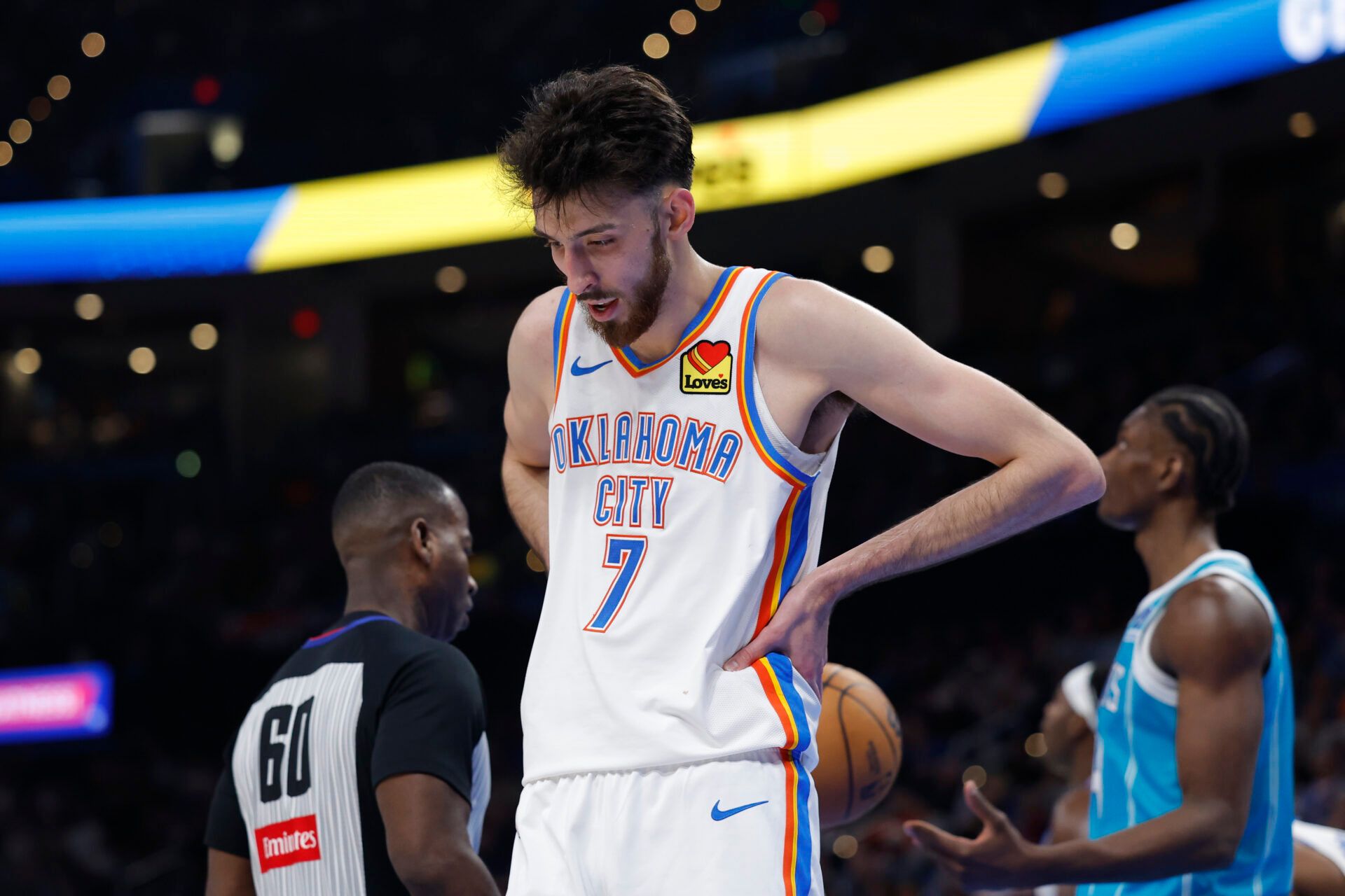 Oklahoma City Thunder center Chet Holmgren (7) reacts after a play against the Charlotte Hornets during the second half at Paycom Center.