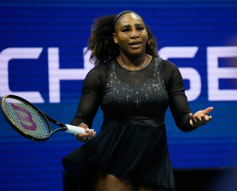 Serena Williams of the USA hits to Ajla Tomljanovic of Australia on day five of the 2022 U.S. Open tennis tournament at USTA Billie Jean King National Tennis Center.