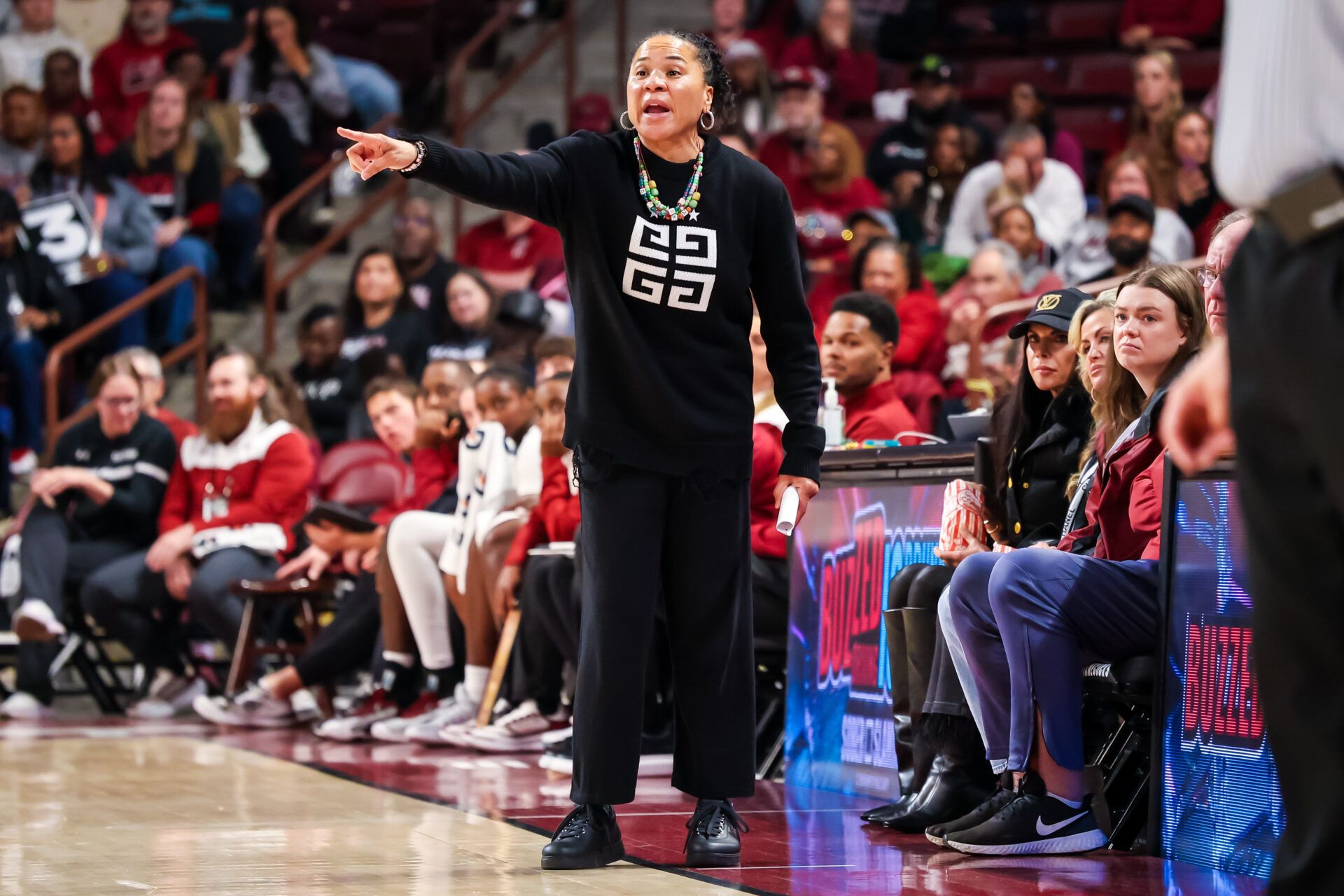 South Carolina Gamecocks head coach Dawn Staley directs her team against the North Carolina Central Eagles in the first half at Colonial Life Arena.