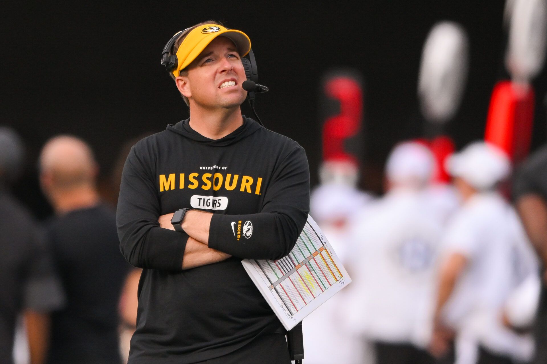 Missouri Tigers head coach Eli Drinkwitz looks up at the video board against the Vanderbilt Commodores during the first half at FirstBank Stadium.