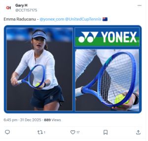 Screenshot of Gary H’s X post featuring Emma Raducanu’s new racket | Source: X/Gary H @CCT157175