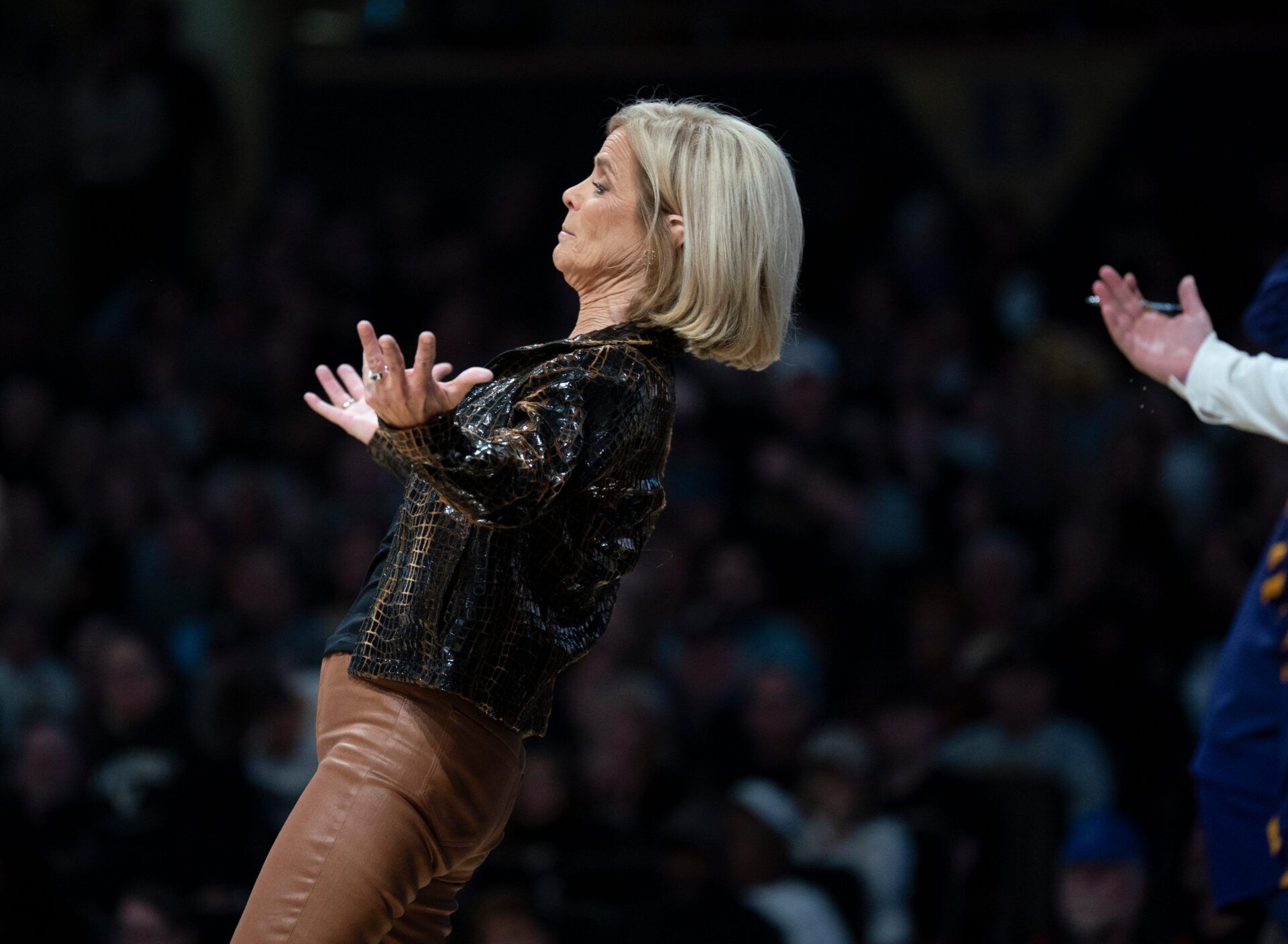 Louisiana State coach Kim Mulkey reacts to a play against Vanderbilt during their game at Memorial Gymnasium Sunday, Jan. 4, 2026.