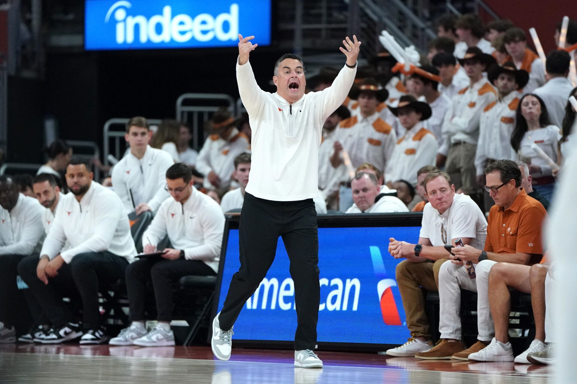 Texas Longhorns head coach Sean Miller reacts during the second half against the Kansas City Roos at Moody Center.