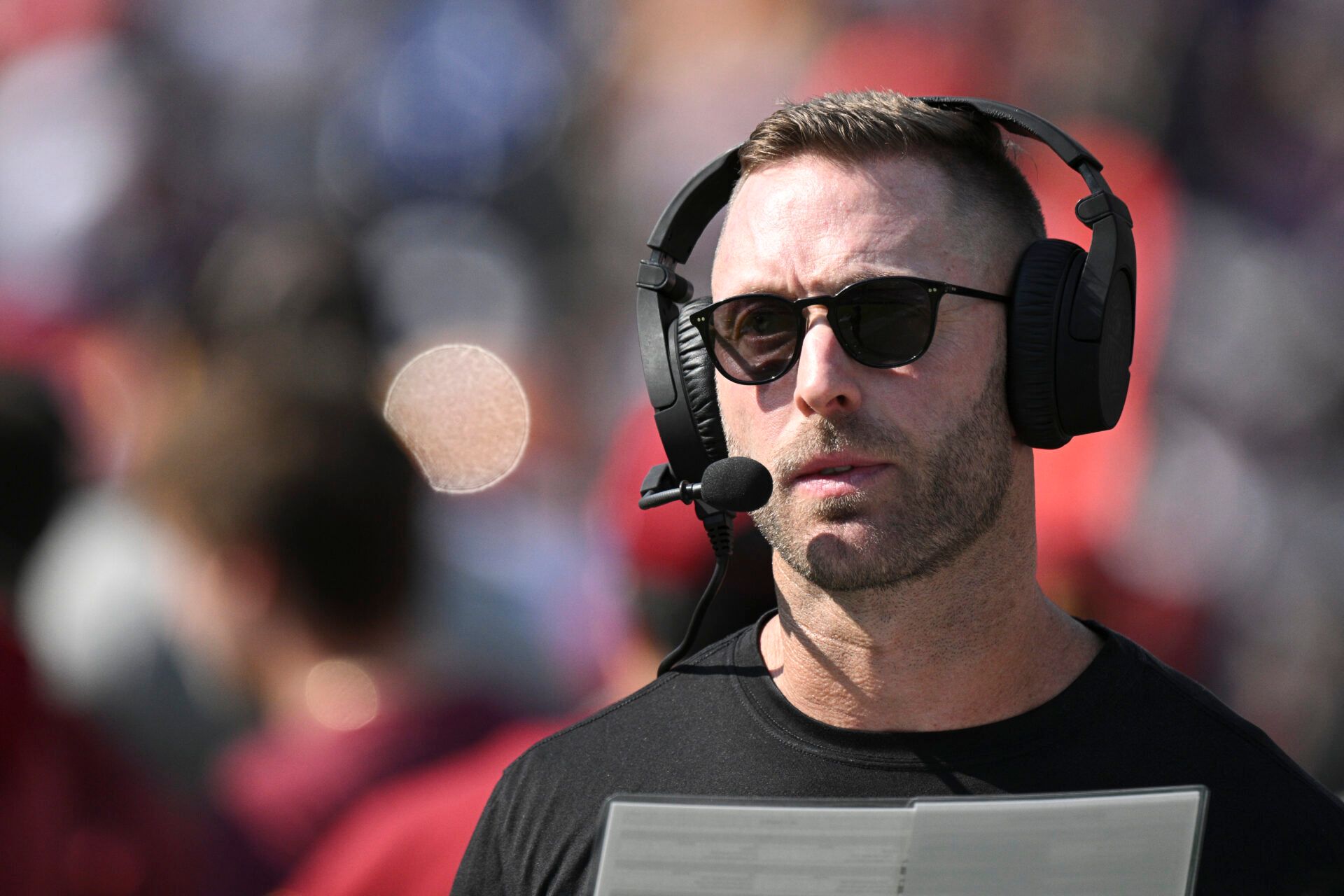 Washington Commanders offensive coordinator Kliff Kingsbury on the sidelines during the first half against the Baltimore Ravens at M&T Bank Stadium.
