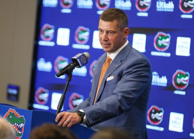 New UF head football coach Jon Sumrall speaks during a press conference at the James W. “Bill” Heavener Football Training Center in Gainesville, FL on Monday, December 1, 2025. [Alan Youngblood/Gainesville Sun]