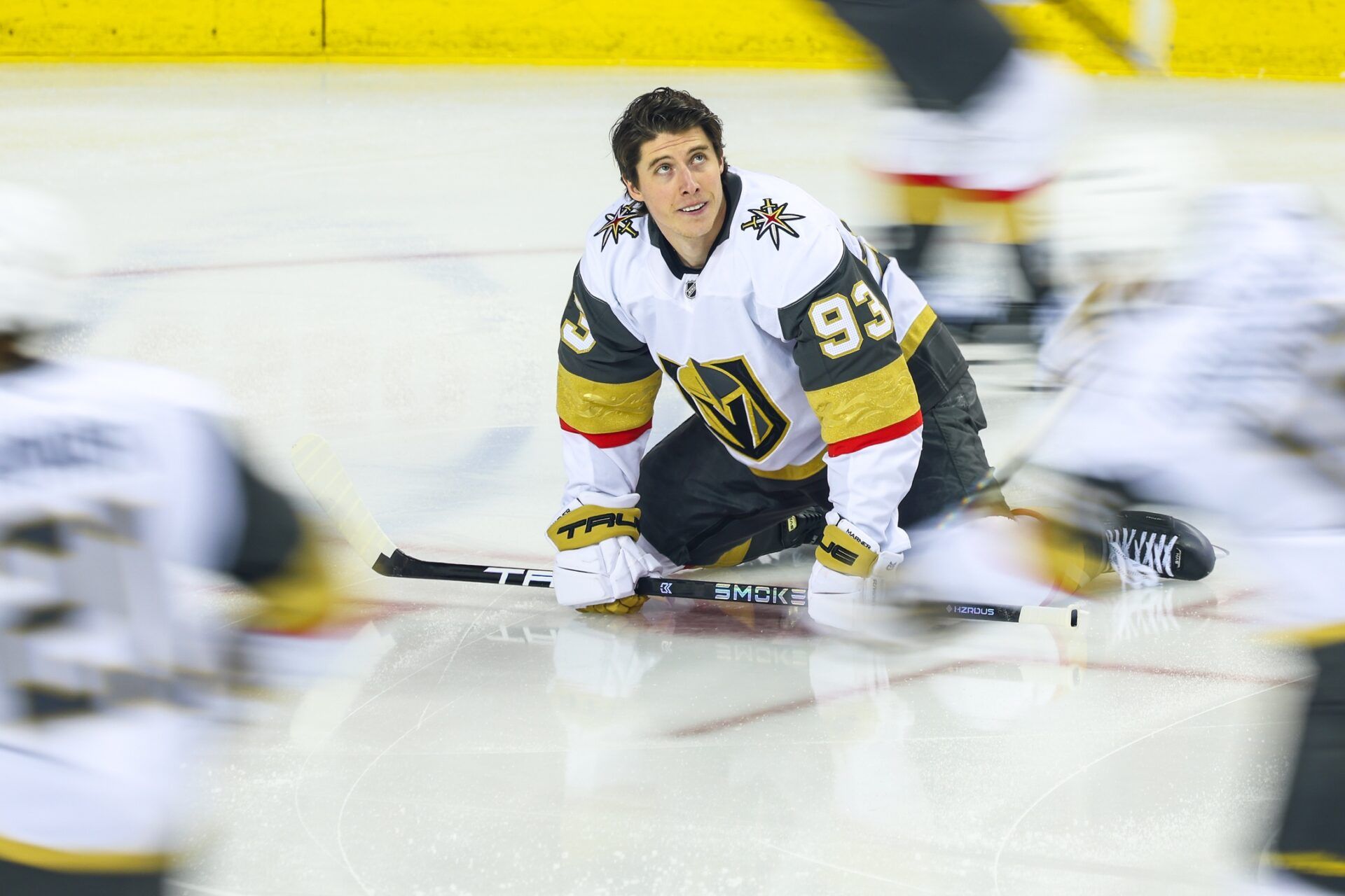 Vegas Golden Knights right wing Mitch Marner (93) during the warmup period against the Calgary Flames at Scotiabank Saddledome.
