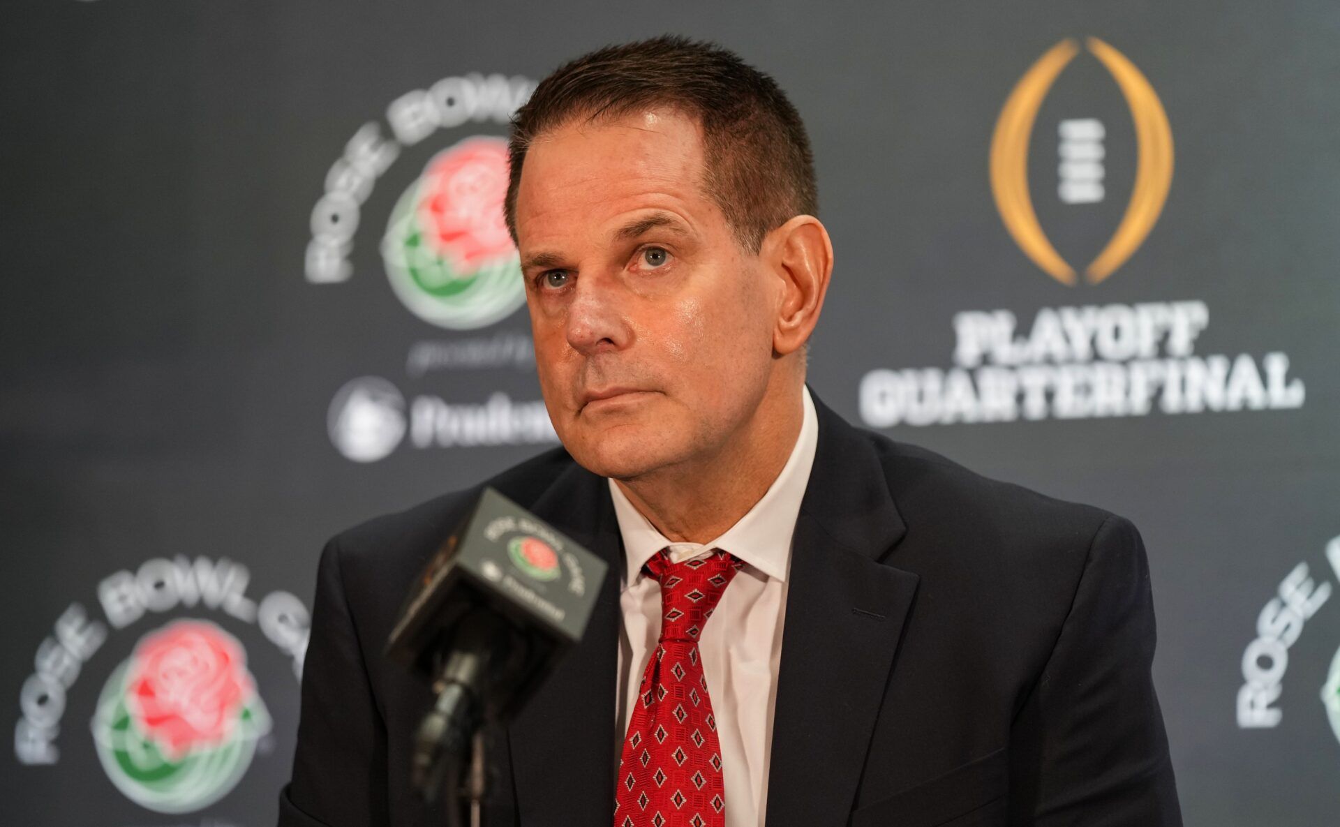 Indiana Hoosiers head coach Curt Cignetti answers questions Wednesday, Dec. 31, 2025, during a coaches press conference ahead of the Rose Bowl at the Sheraton Grand Los Angeles.