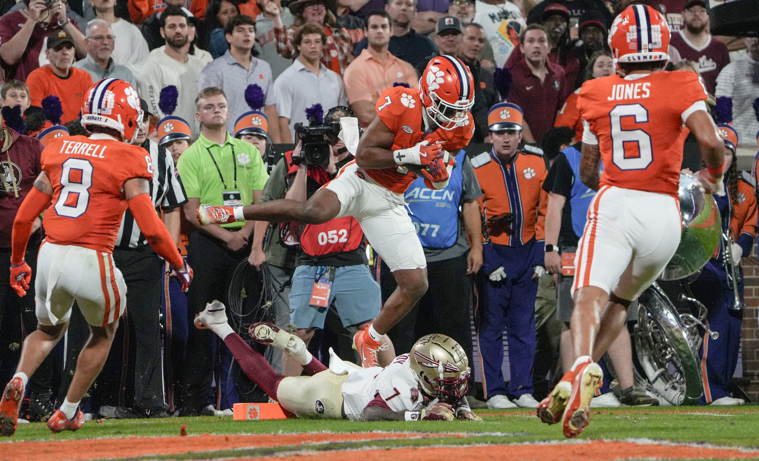 Clemson Tigers safety Khalil Barnes (7) intercepts a ball but was ruled out of bounds near Florida State Seminoles receiver Lawayne McCoy (7) during the second quarter  at Memorial Stadium.