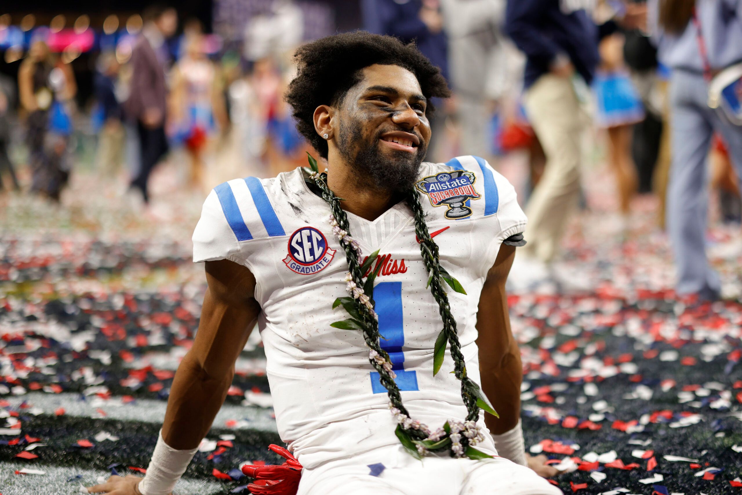 Mississippi Rebels wide receiver De'Zhaun Stribling (1) celebrates on the field after defeating the Georgia Bulldogs during the 2026 Sugar Bowl and quarterfinal game of the College Football Playoff at Caesars Superdome.