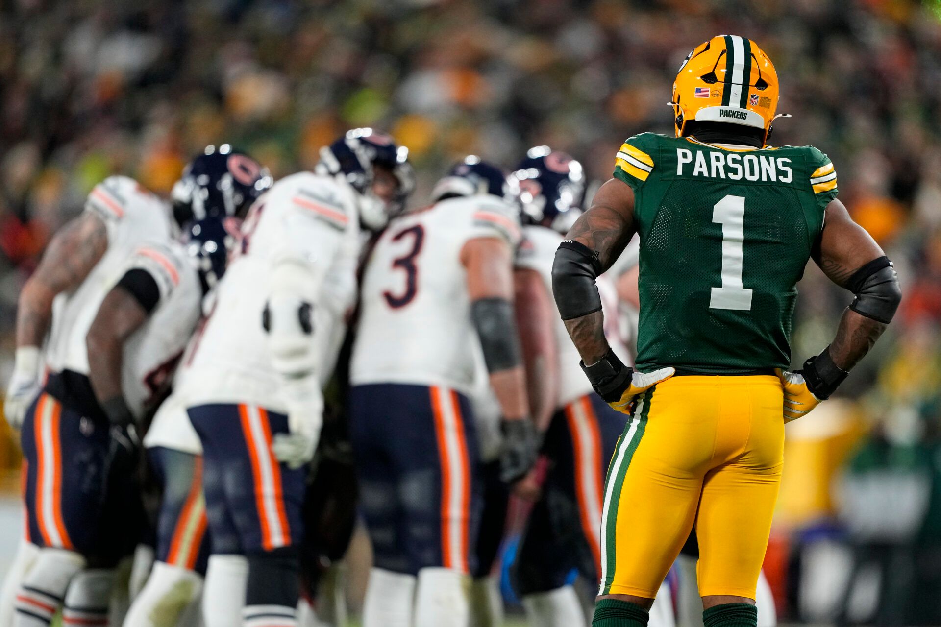 Green Bay Packers defensive end Micah Parsons (1) looks on during the game against the Chicago Bears at Lambeau Field.