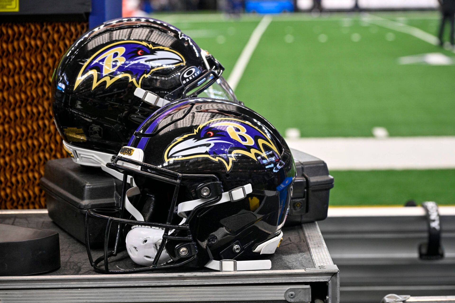 A view of the Baltimore Ravens logo and helmets before the game between the Dallas Cowboys and the Baltimore Ravens at AT&T Stadium.