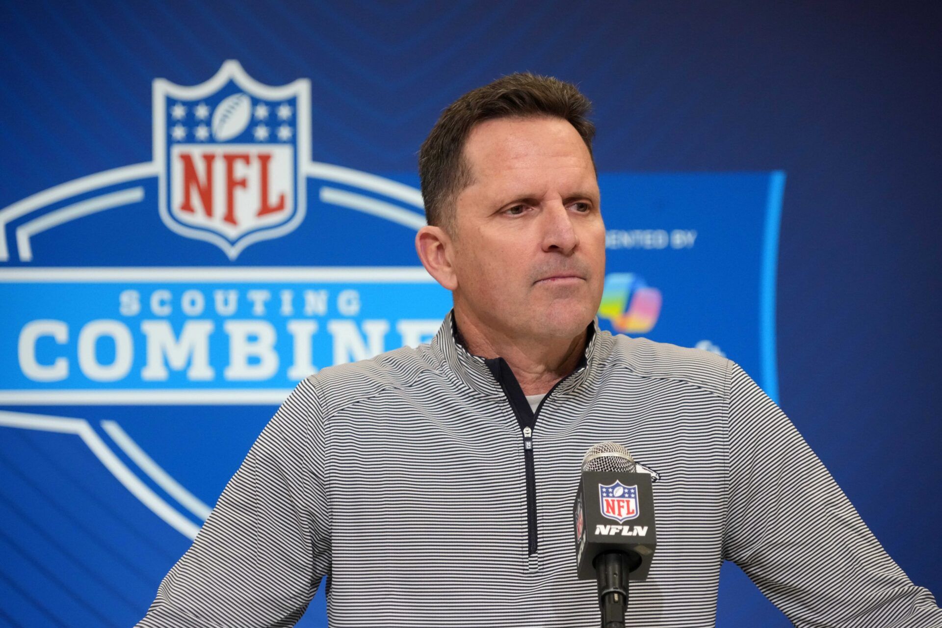 Denver Broncos general manager George Paton speaks during the NFL Scouting Combine at the Indiana Convention Center.