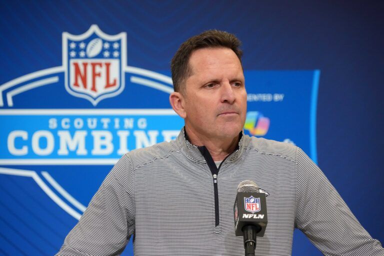 Denver Broncos general manager George Paton speaks during the NFL Scouting Combine at the Indiana Convention Center.
