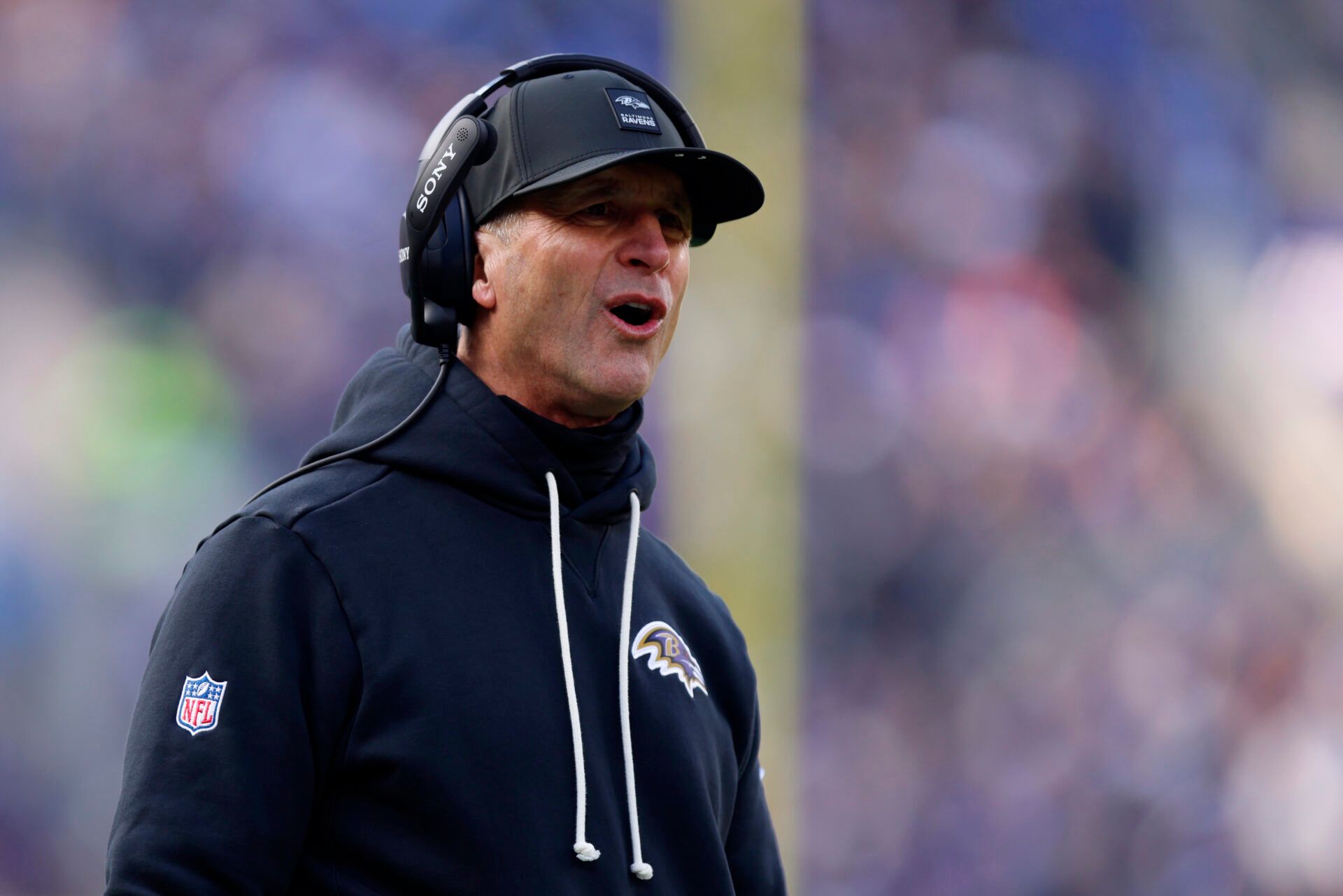 Baltimore Ravens head coach John Harbaugh reacts after a call following a play against the Pittsburgh Steelers during the first half at M&T Bank Stadium.