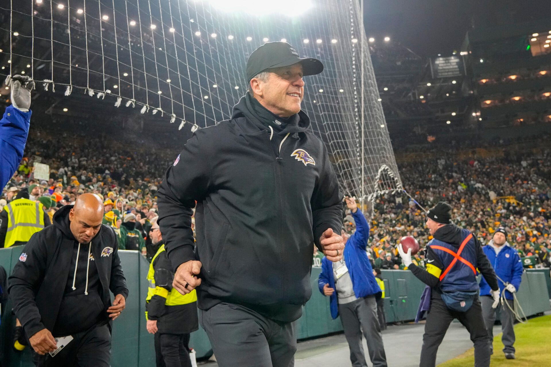 Baltimore Ravens head coach John Harbaugh prior to the game against the Green Bay Packers at Lambeau Field.