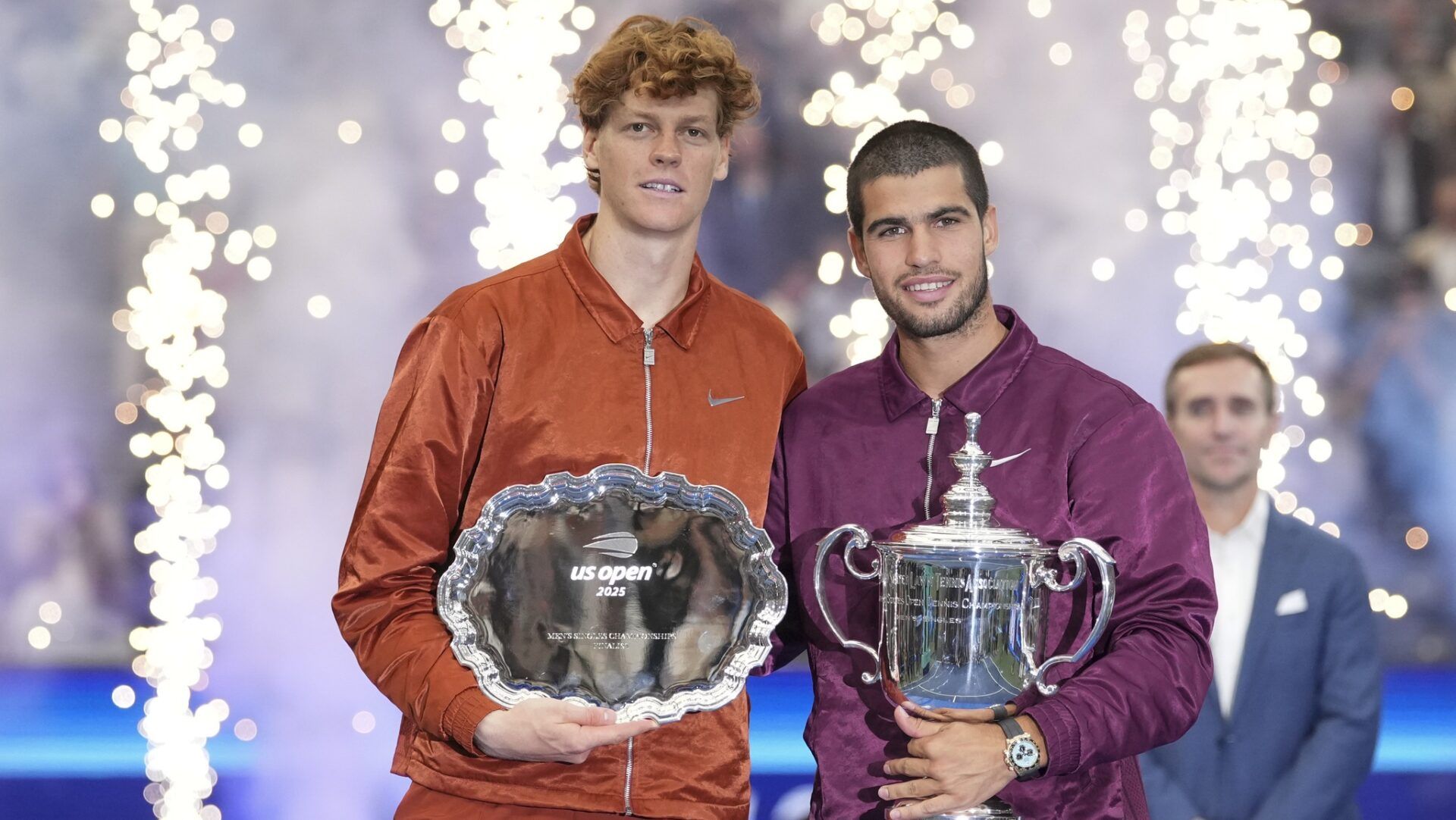 Carlos Alcaraz (ESP) and Jannik Sinner (ITA) poses for a photo after the final of mens singles at Billie Jean King National Tennis Center.
