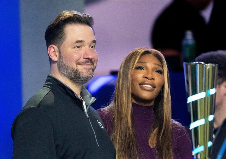 Serena Williams and her husband, Reddit co-founder Alexis Ohanian, co-own the Los Angeles Golf Club, and watch their team play against Boston Common Golf during a TGL match at the SoFi Center on February 4, 2025, in Palm Beach Gardens, Florida.