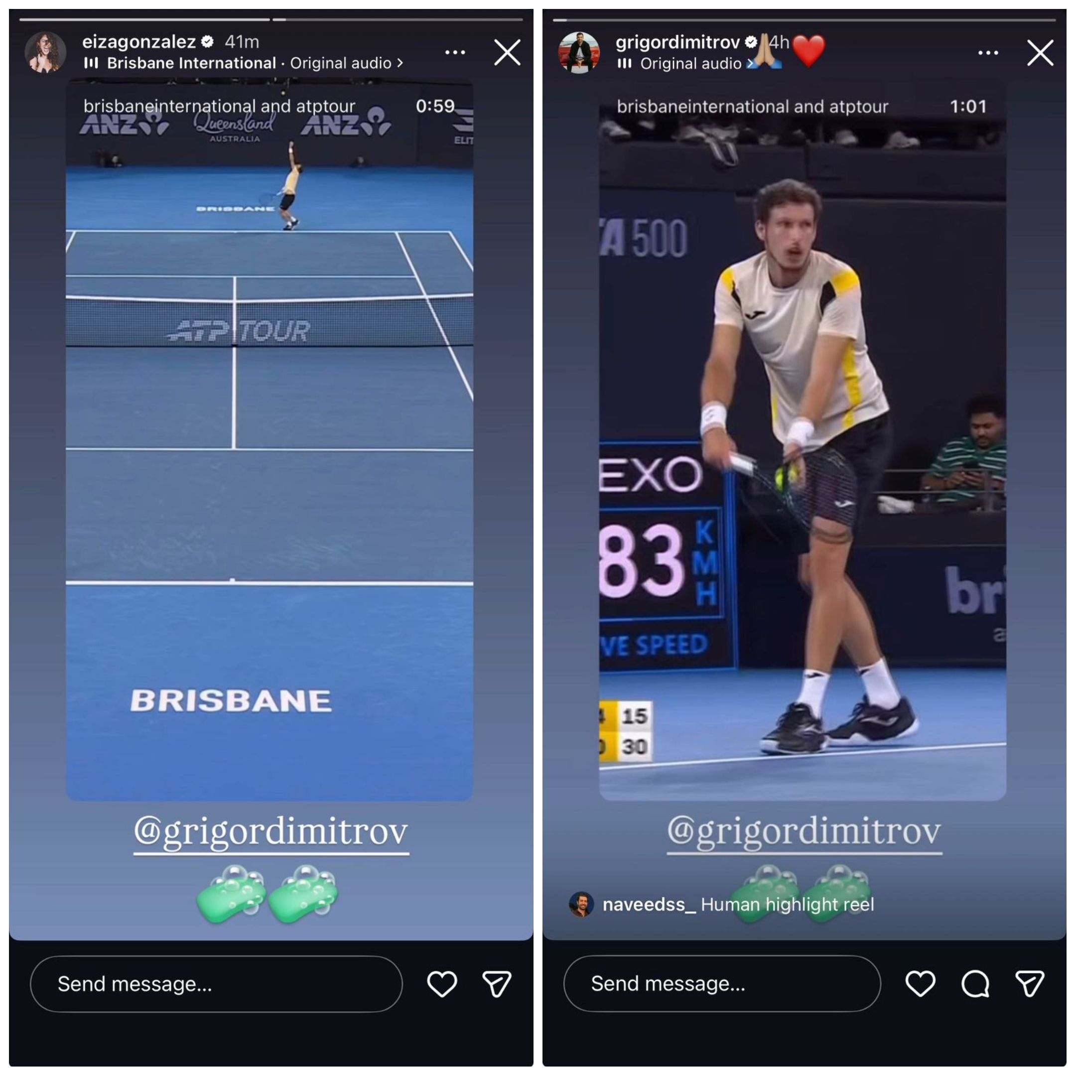 Screen grab of Grigor Dimitrov and his girlfriend Eiza Gonzalez's Instagram stories