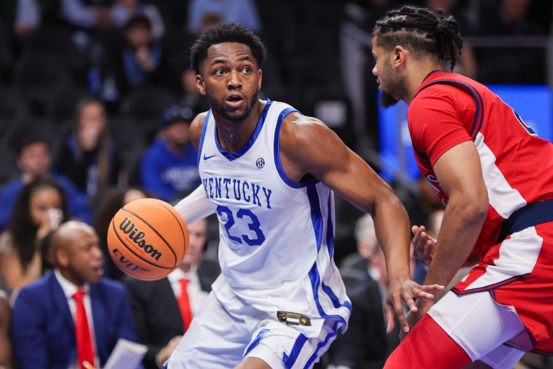 Kentucky Wildcats forward Mouhamed Dioubate (23) handles the ball against the St. John Red Storm in the first half at State Farm Arena.