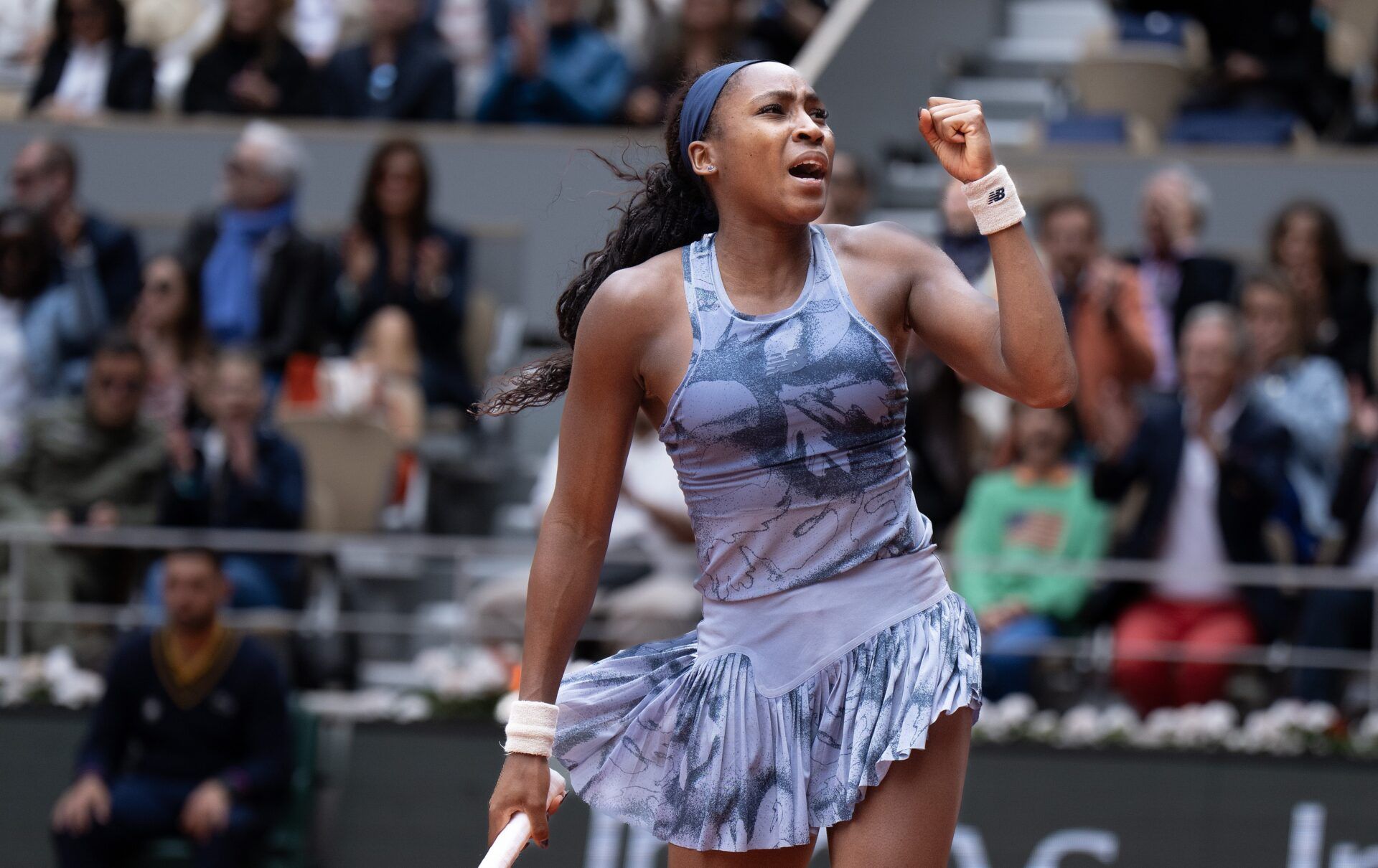 Coco Gauff of the United States reacts to a point during the womenÕs singles final against Aryna Sabalenka on day 14 at Roland Garros Stadium.