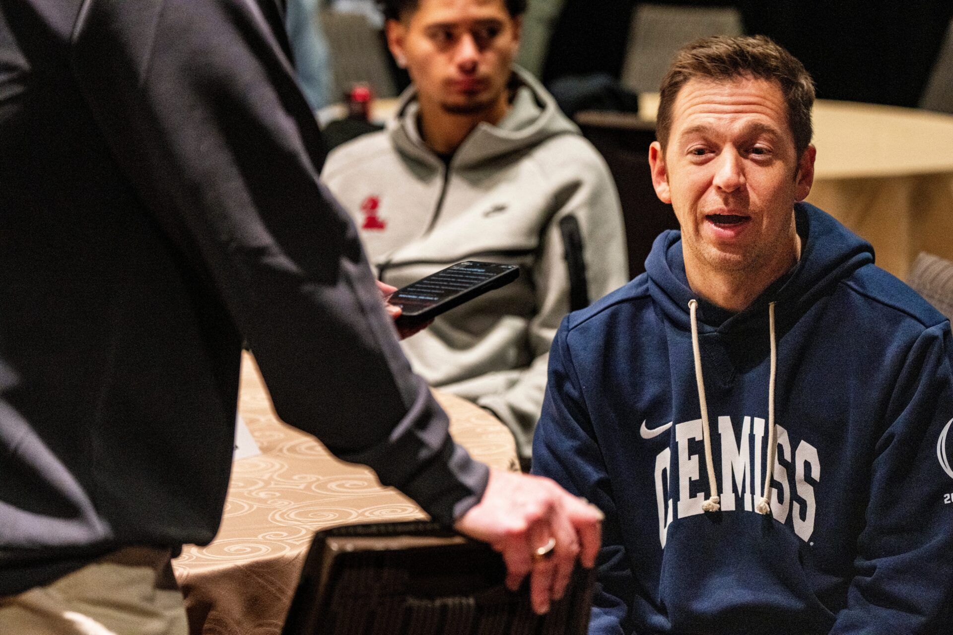 Ole Miss offensive coordinator Charlie Weis Jr. takes questions from a member of the press during the Sugar Bowl and College Football Playoff quarterfinals Media Day at Sheraton New Orleans Hotel in New Orleans, La., on Tuesday, Dec. 30, 2025. Players and coaches from Ole Miss and Georgia took questions from the press.