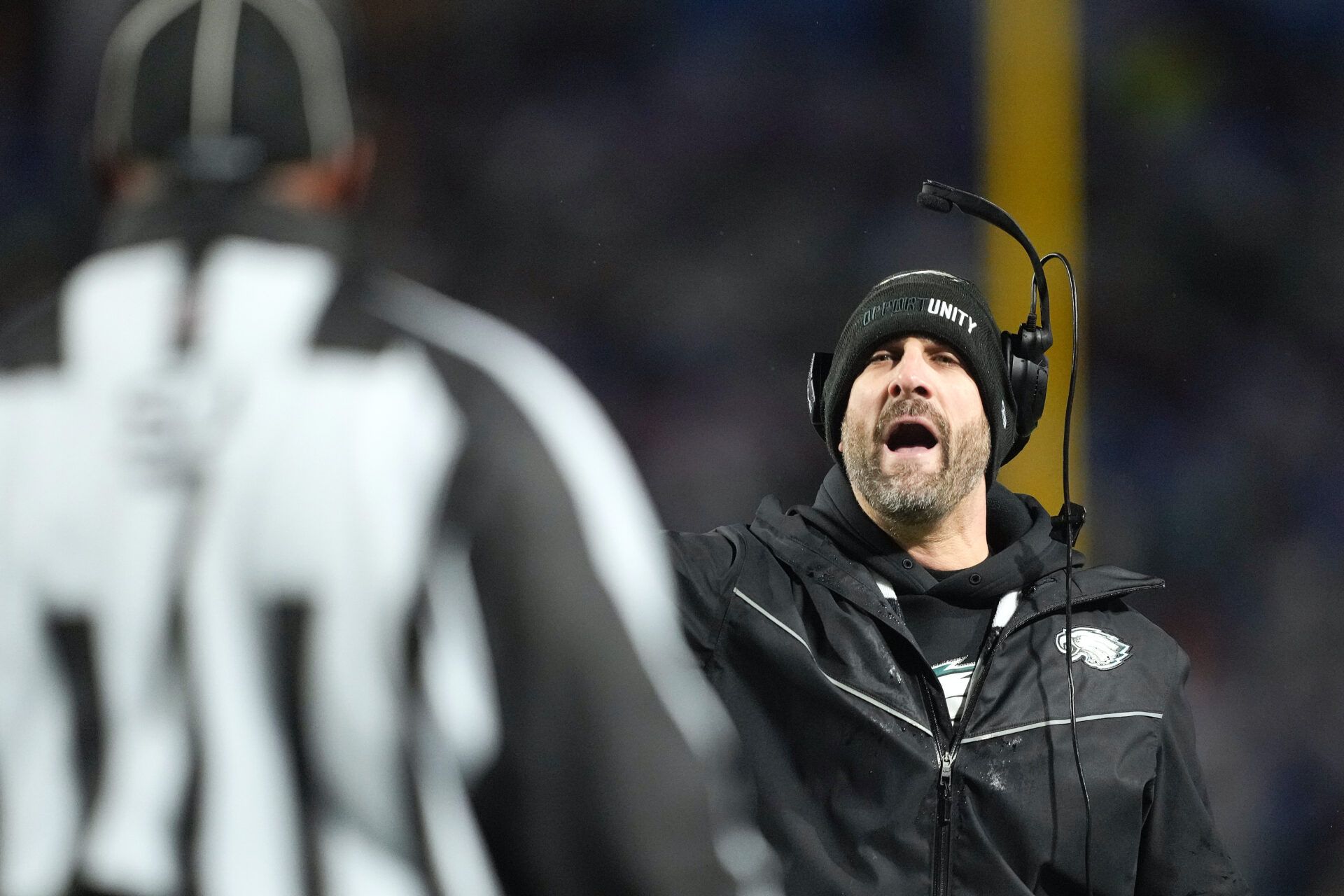 ORCHARD PARK, NEW YORK - DECEMBER 28: Head coach Nick Sirianni of the Philadelphia Eagles speaks with referees during the second quarter of the game against the Buffalo Bills at Highmark Stadium on December 28, 2025 in Orchard Park, New York. (Photo by Nic Antaya/Getty Images)
