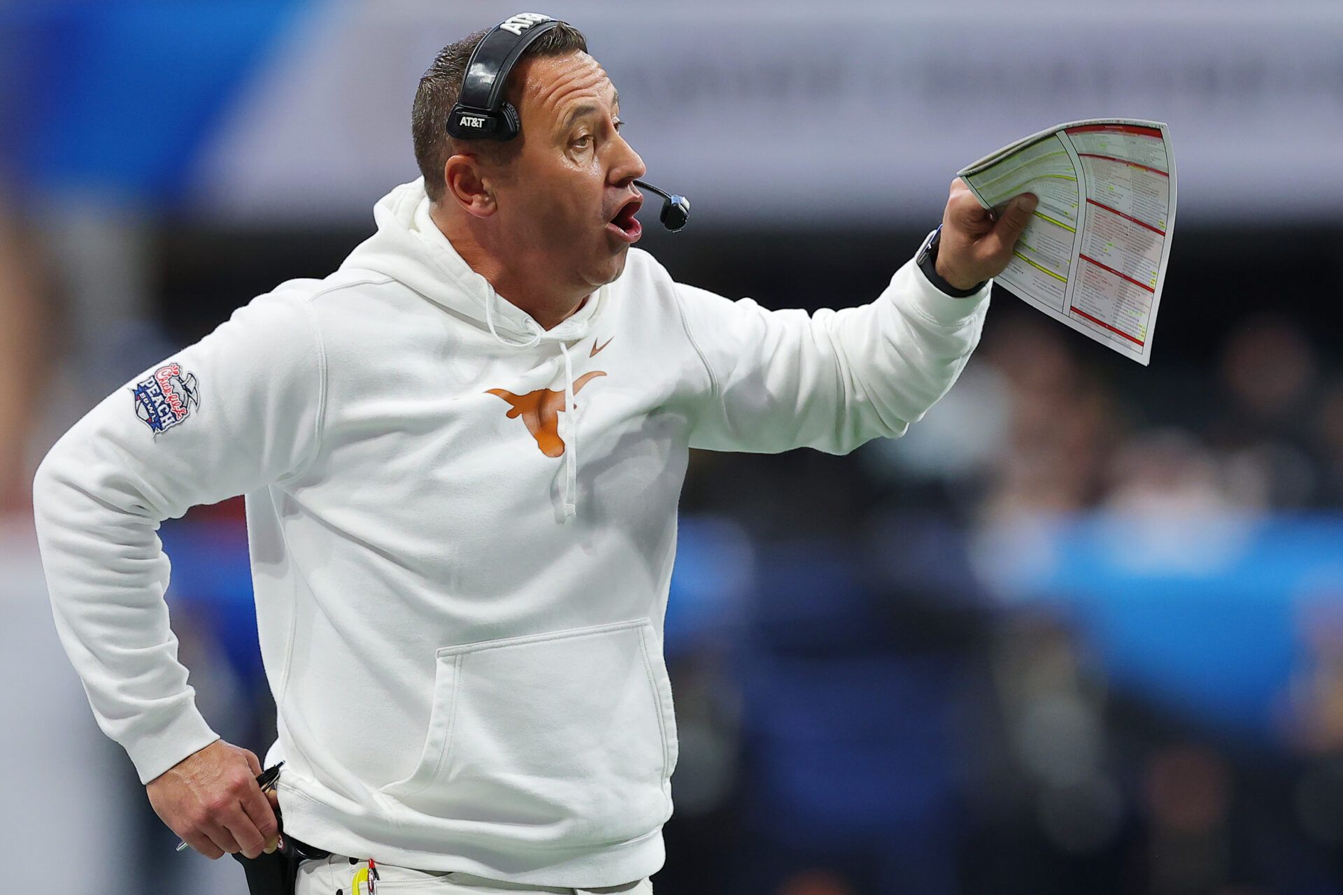 ATLANTA, GEORGIA - JANUARY 01: Head coach Steve Sarkisian of the Texas Longhorns reacts during the second quarter against the Arizona State Sun Devils in the Chick-fil-A Peach Bowl at Mercedes-Benz Stadium on January 01, 2025 in Atlanta, Georgia.  (Photo by Kevin C. Cox/Getty Images)