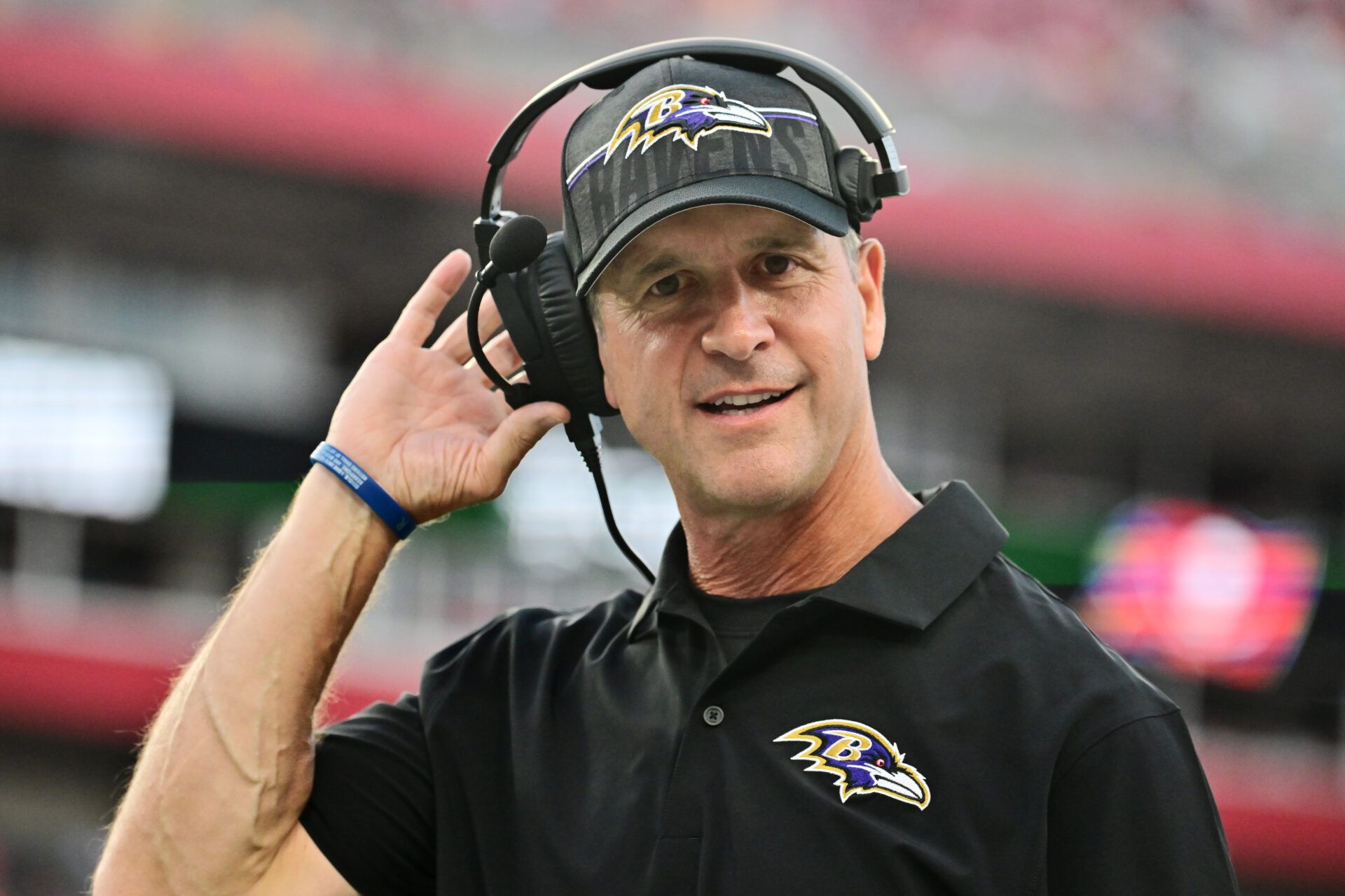 TAMPA, FLORIDA - AUGUST 26: Head coach John Harbaugh of the Baltimore Ravens looks on during the first half of a preseason game against the Tampa Bay Buccaneers at Raymond James Stadium on August 26, 2023 in Tampa, Florida. (Photo by Julio Aguilar/Getty Images)