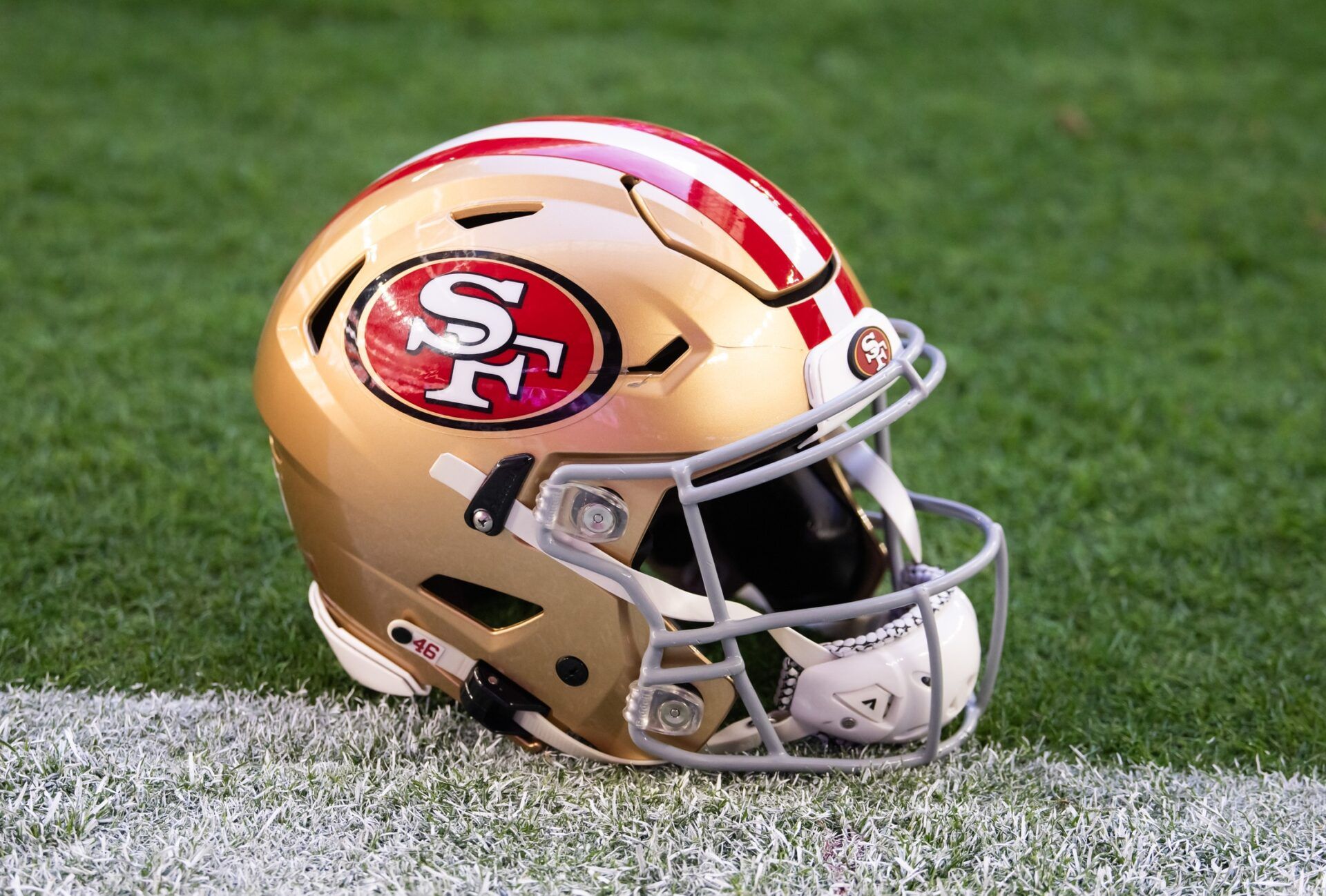 Detailed view of a San Francisco 49ers helmet at State Farm Stadium.