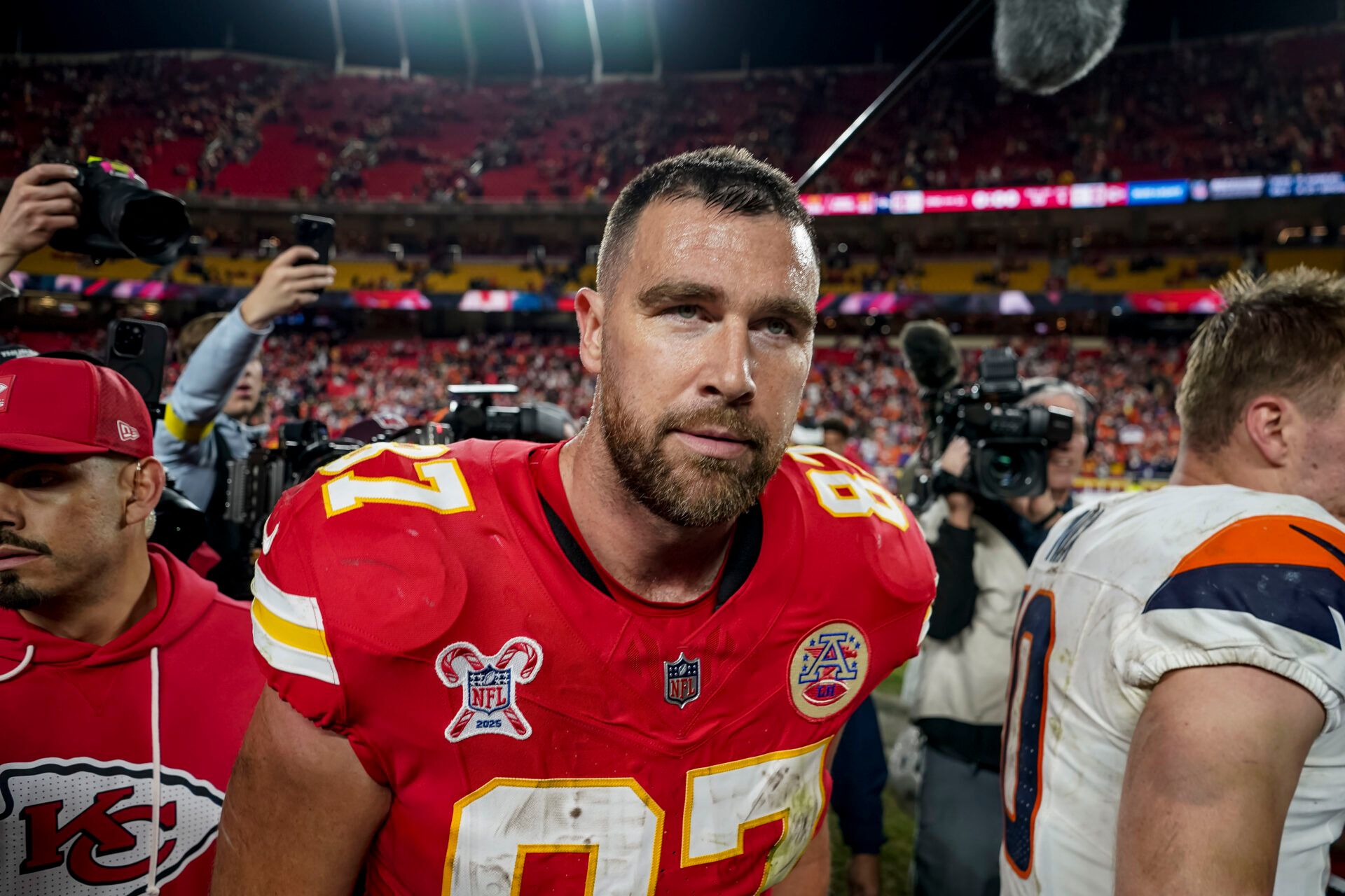 Kansas City Chiefs tight end Travis Kelce (87) after the game at GEHA Field at Arrowhead Stadium.