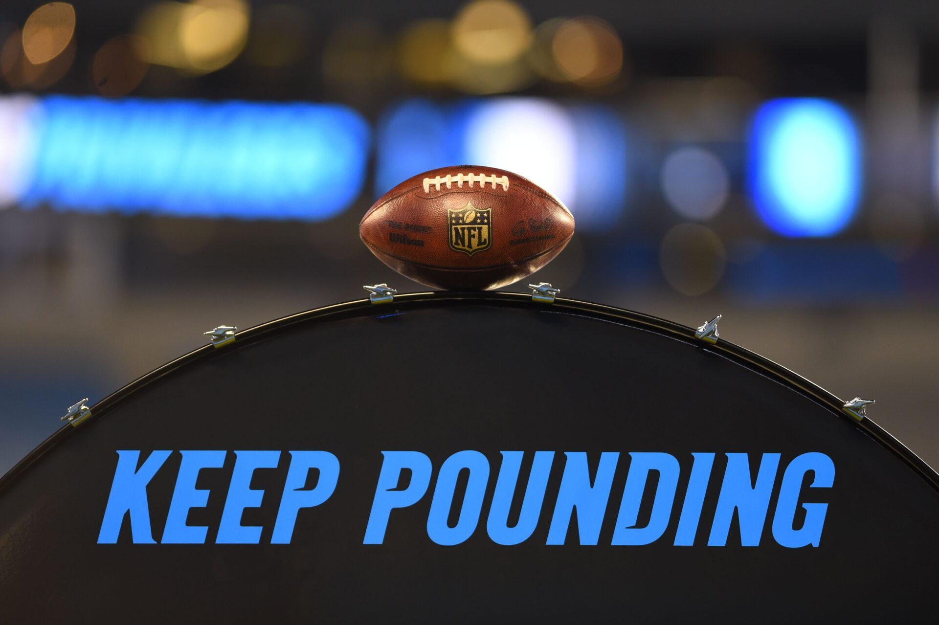 A football sits on top of the Carolina Panthers Keep Pounding drum before the game at Bank of America Stadium.