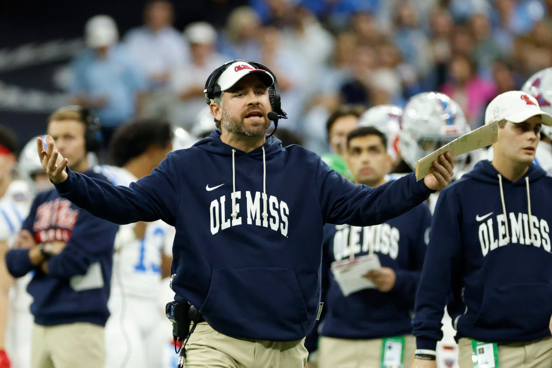 Mississippi Rebels head coach Pete Golding (center) reacts on the sidelines during the second half of the 2026 Sugar Bowl and quarterfinal game of the College Football Playoff against the Georgia Bulldogs at Caesars Superdome.