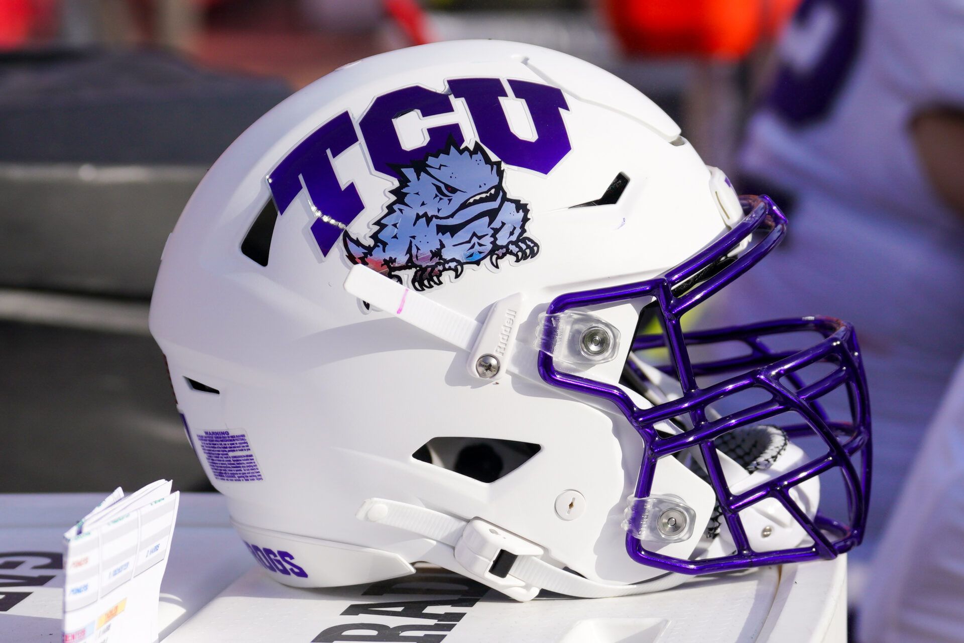 A general view of a TCU Horned Frogs helmet against the Kansas Jayhawks during the second half at GEHA Field at Arrowhead Stadium.