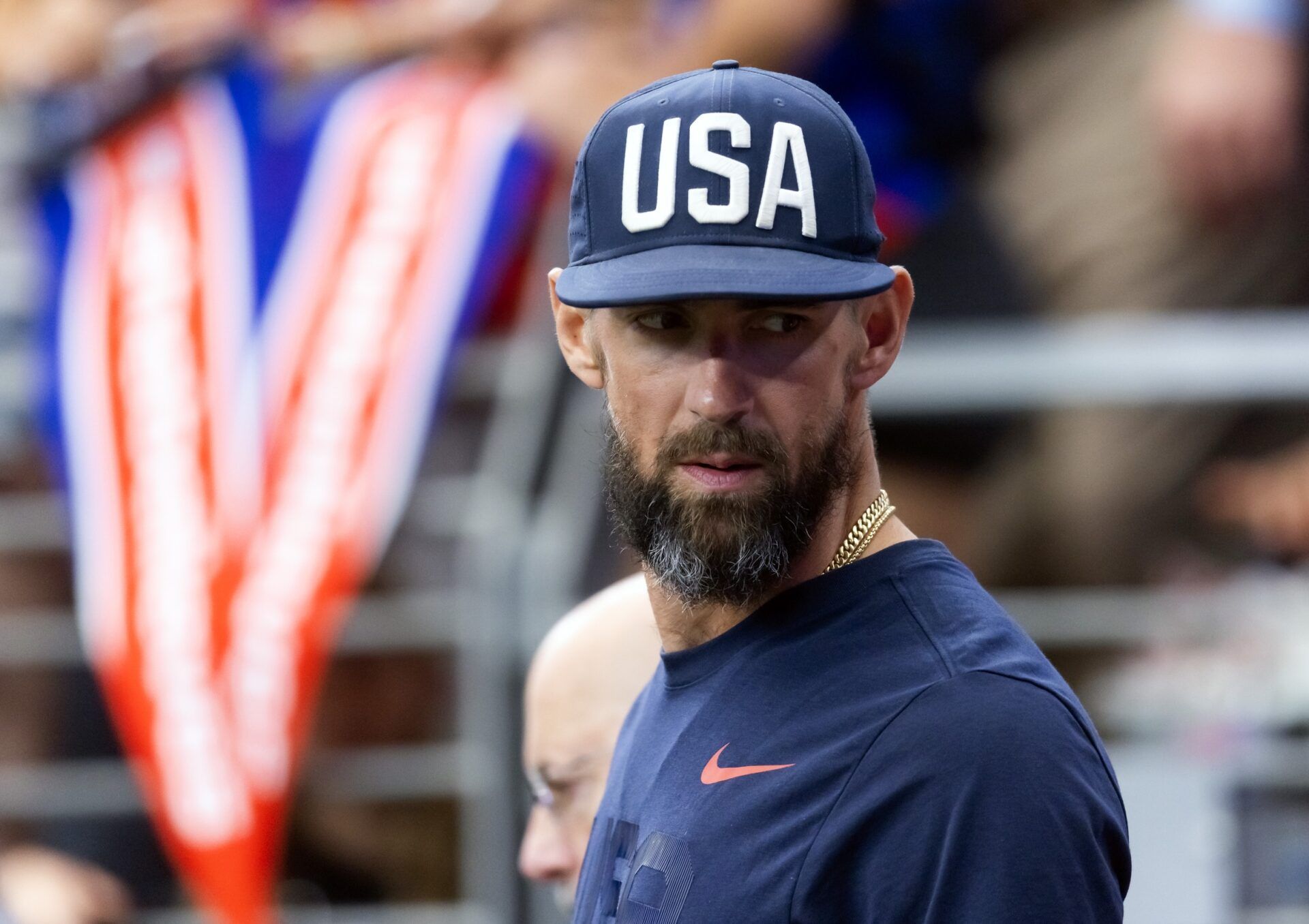 Olympic swimmer Michael Phelps looks on prior to the USA match against Australia in the SheBelieves Cup womenÕs soccer tournament at State Farm Stadium.