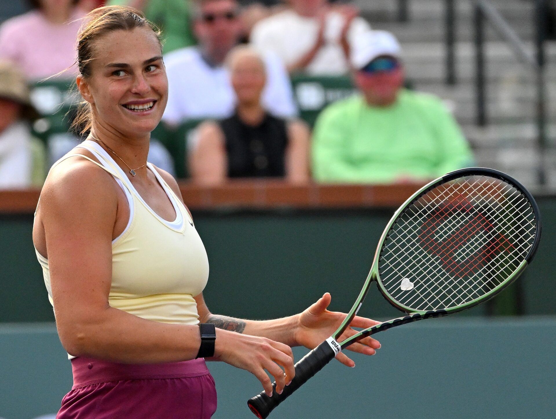 Aryna Sabalenka smiles at the crowd after she defeated Maria Sakkari (GRE) in the semi finals of the BNP Paribas Open at the Indian Wells Tennis Garden.