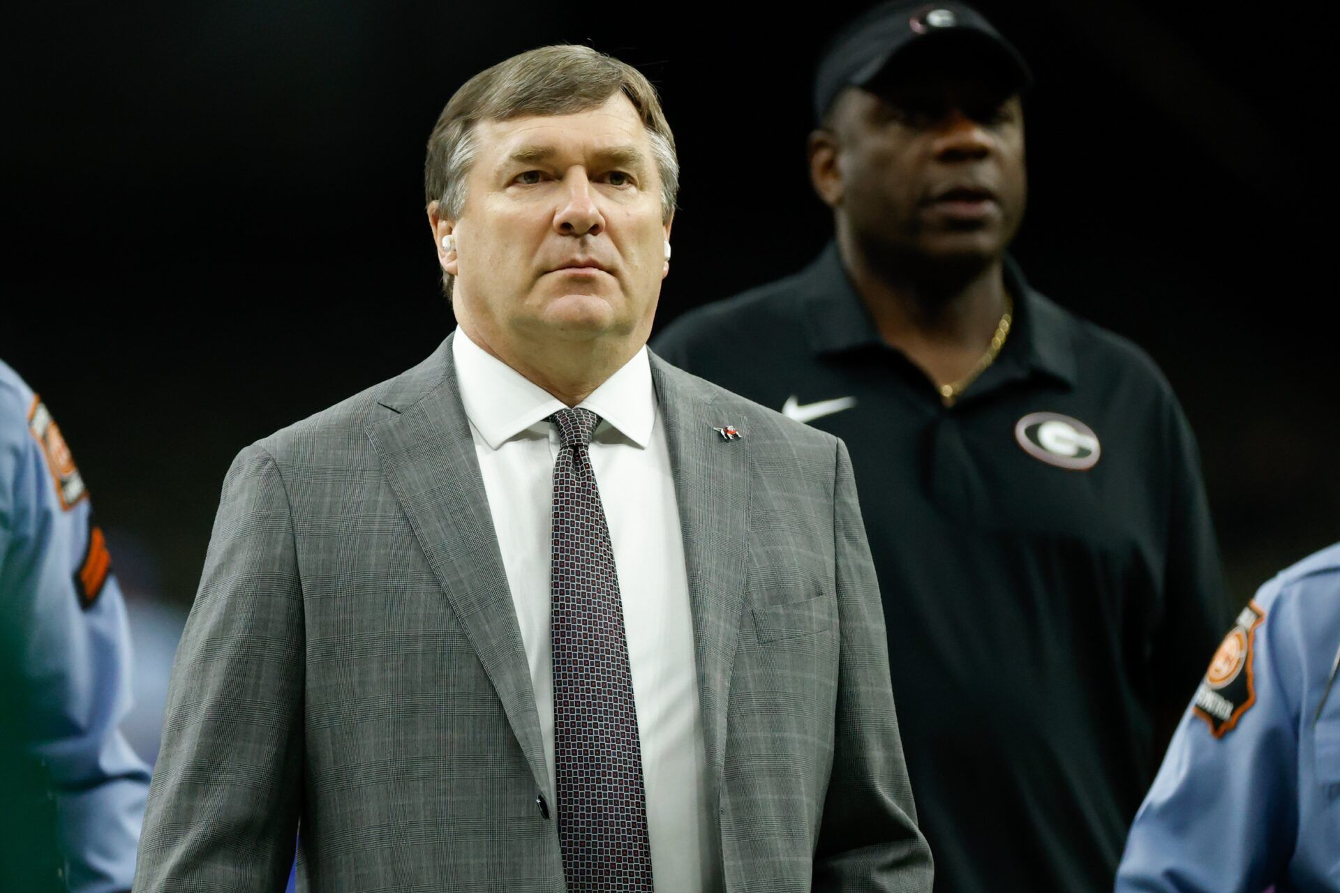 Georgia Bulldogs head coach Kirby Smart arrives prior to the 2026 Sugar Bowl and quarterfinal game of the College Football Playoff against the Mississippi Rebels at Caesars Superdome.
