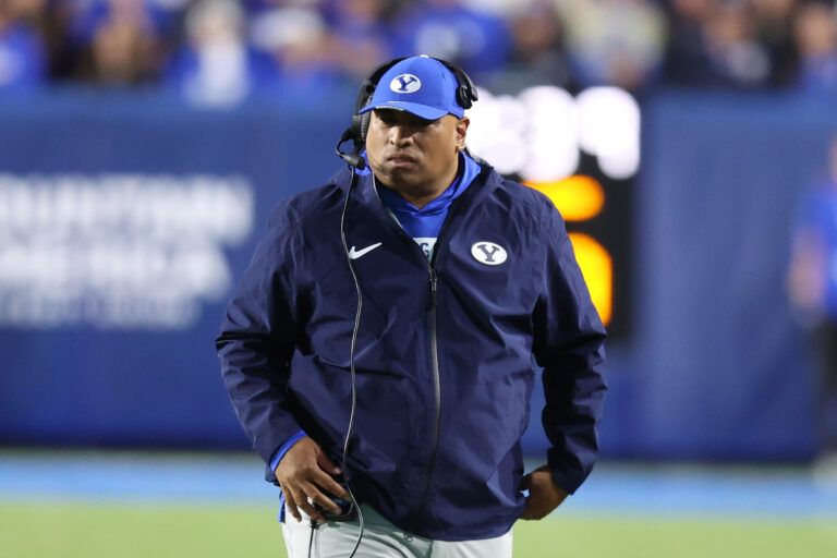 BYU Cougars head coach Kalani Sitake calls a time out against the Utah Utes during the second quarter at LaVell Edwards Stadium.