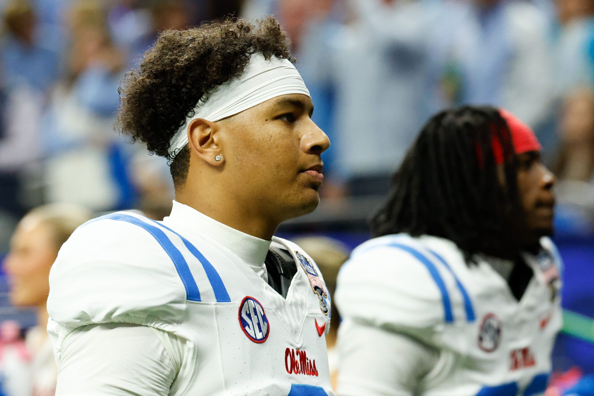 Mississippi Rebels quarterback Trinidad Chambliss (6) walks off the field at halftime during the 2026 Sugar Bowl and quarterfinal game of the College Football Playoff against the Georgia Bulldogs at Caesars Superdome.