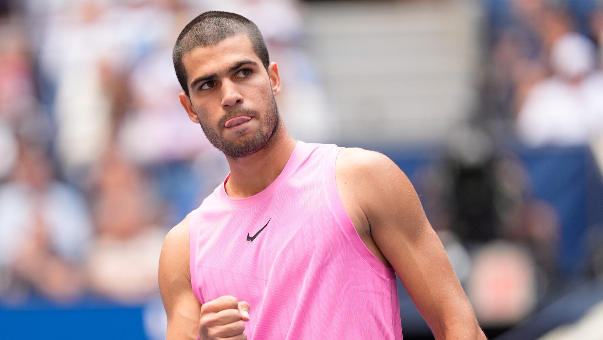 Carlos Alcaraz (ESP) reacts after a winner to Jiri Lehecka (CZE) (not pictured) on day ten of the 2025 U.S. Open tennis tournament at the USTA Billie Jean King National Tennis Center.